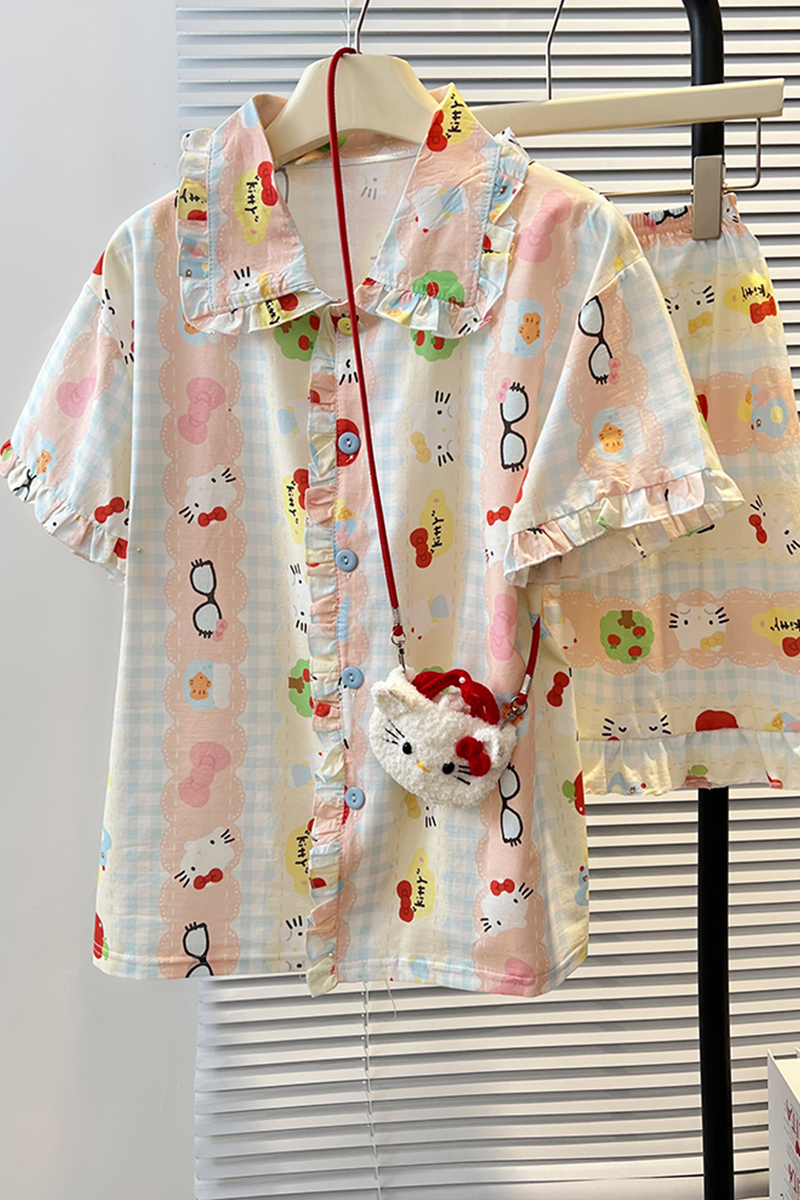 Summer Cloud Cotton Homewear Women Short Sleeve Shorts 2 Pcs Breathabl photo 2 (style 5206222)