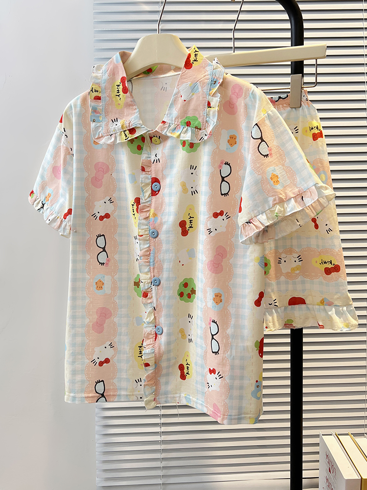 Summer Cloud Cotton Homewear Women Short Sleeve Shorts 2 Pcs Breathabl photo 4 (style 5206222)