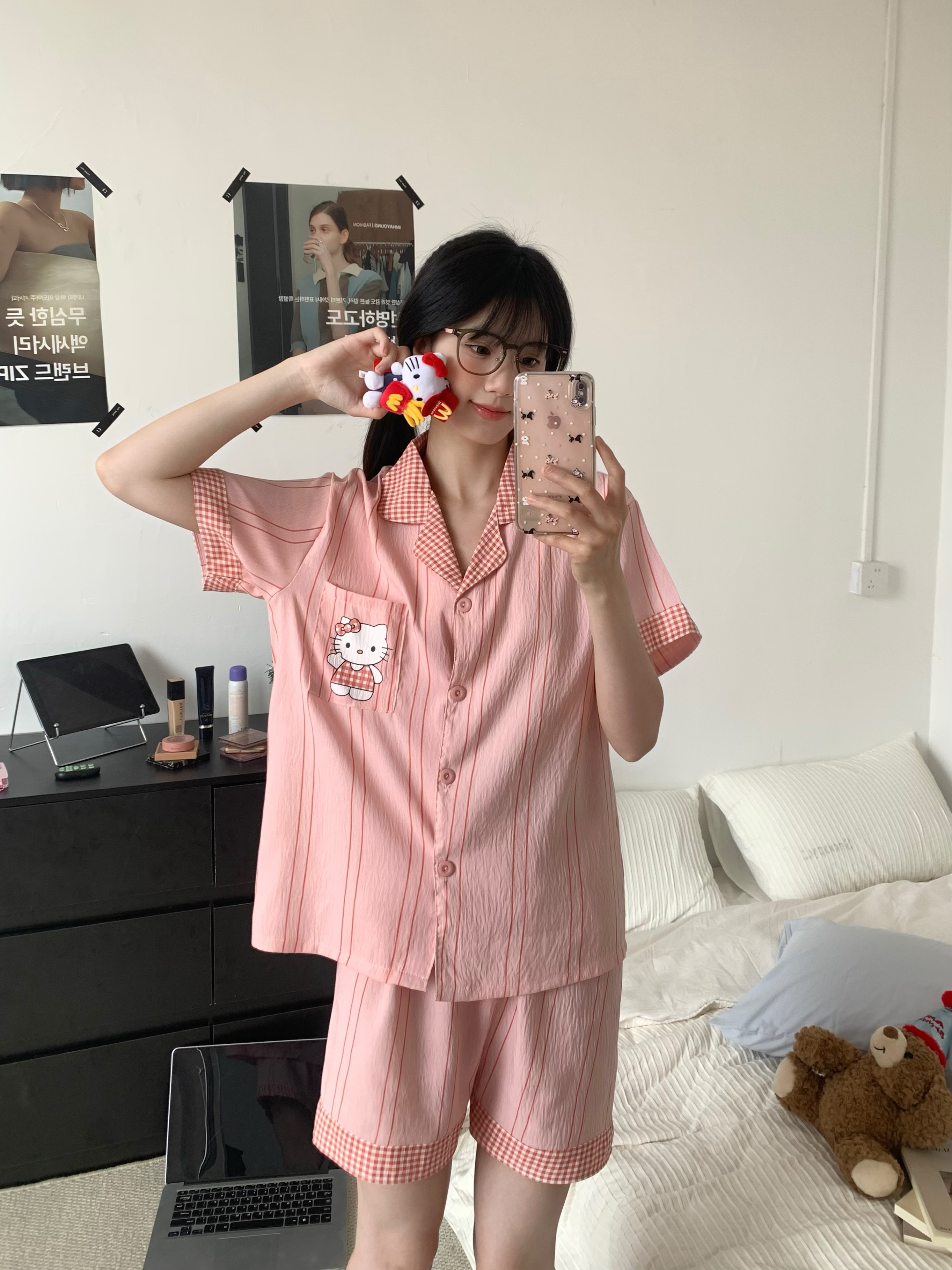 Summer Cloud Cotton Cardigan Homewear Women Short Sleeve Shorts 2 Pcs photo 1 (style 5212172)