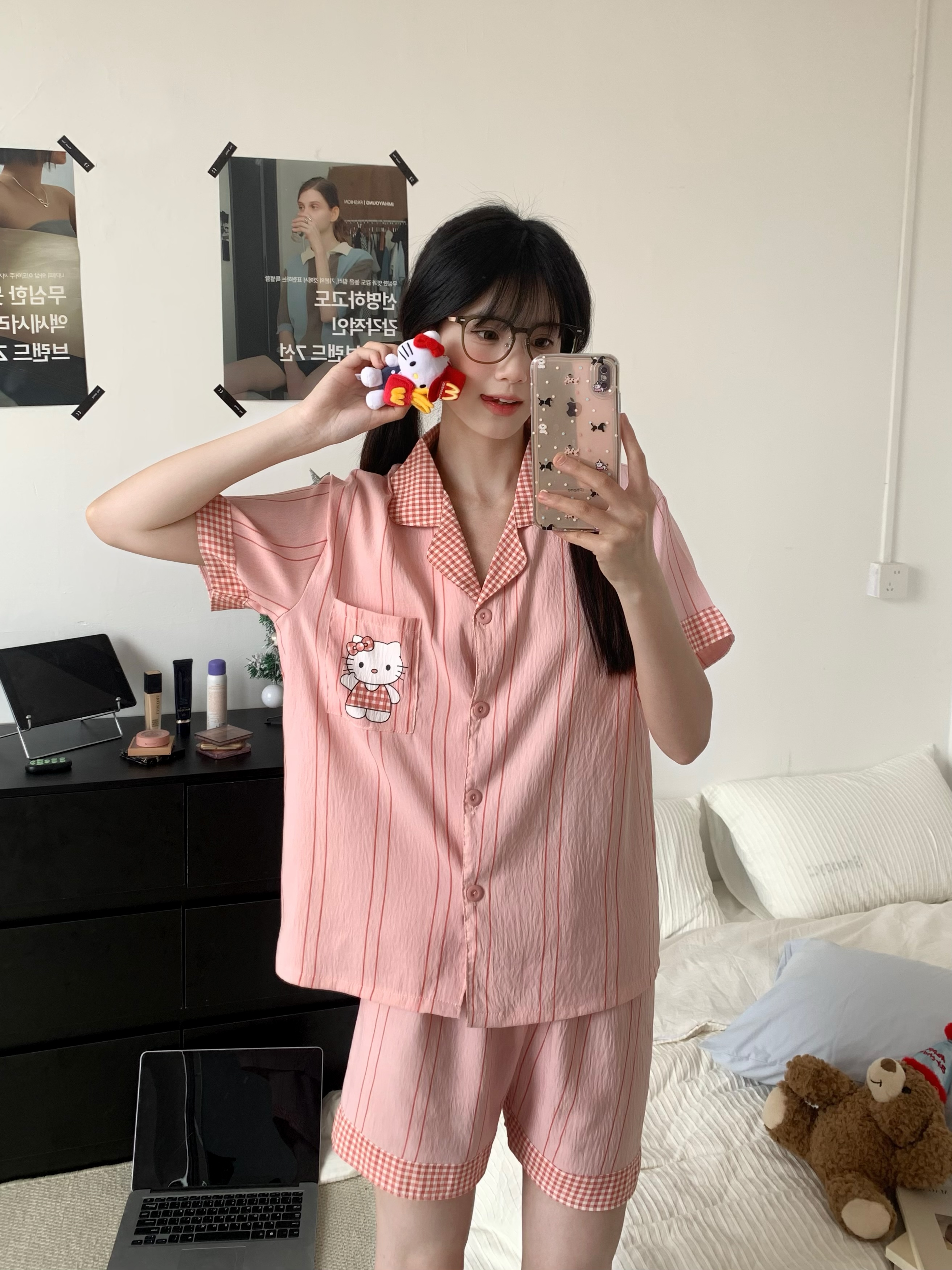 Summer Cloud Cotton Cardigan Homewear Women Short Sleeve Shorts 2 Pcs photo 2 (style 5212172)