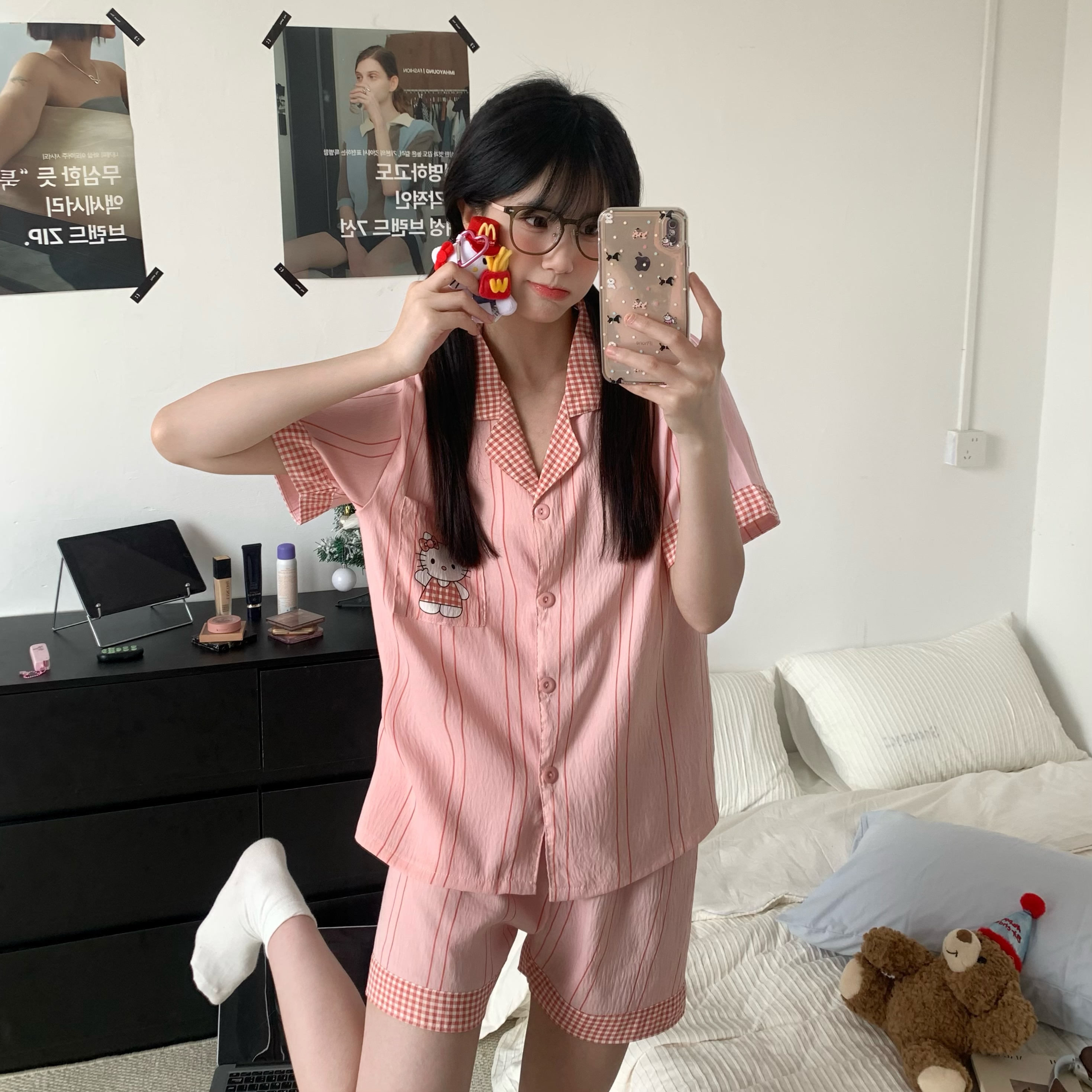 Summer Cloud Cotton Cardigan Homewear Women Short Sleeve Shorts 2 Pcs photo 3 (style 5212172)