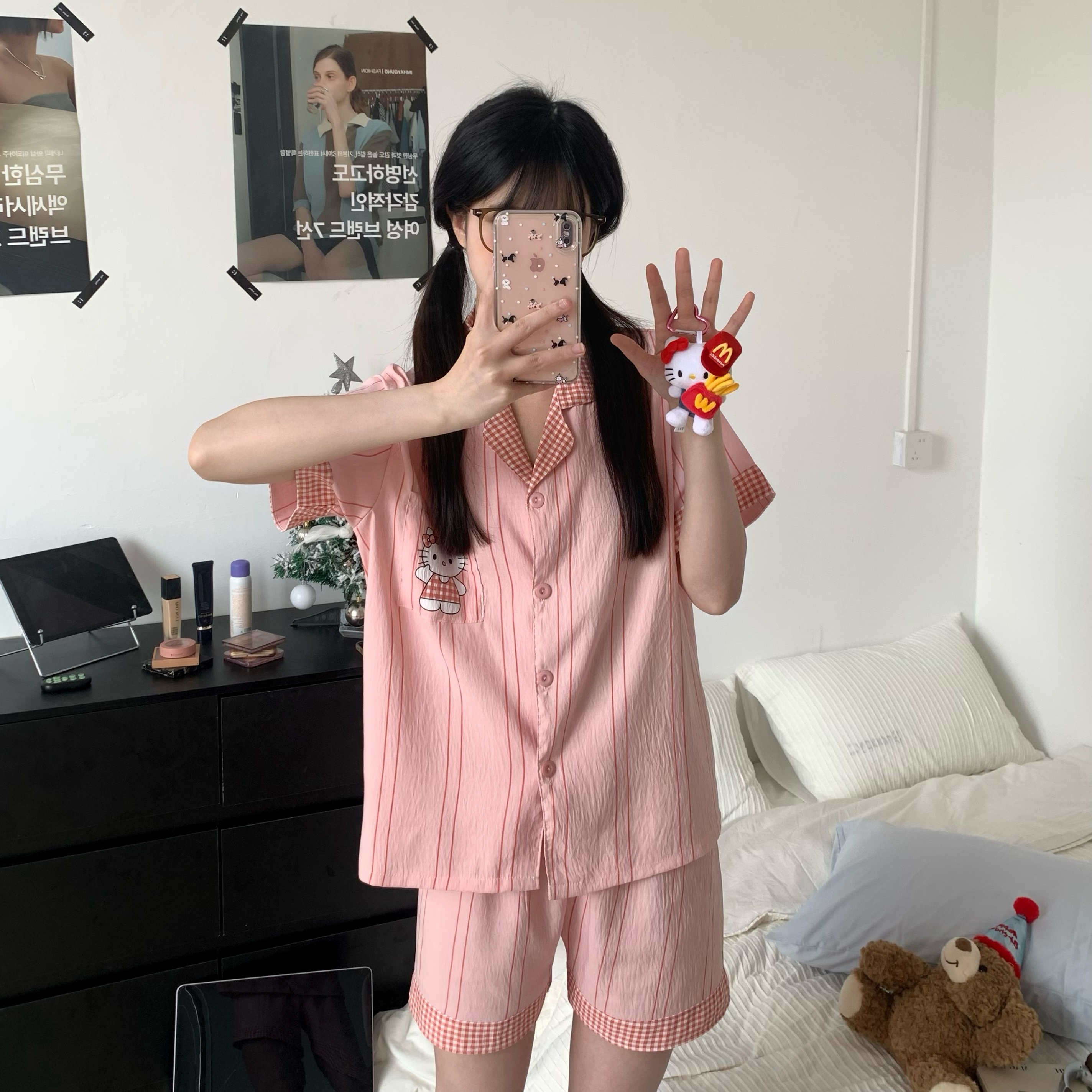 Summer Cloud Cotton Cardigan Homewear Women Short Sleeve Shorts 2 Pcs photo 4 (style 5212172)