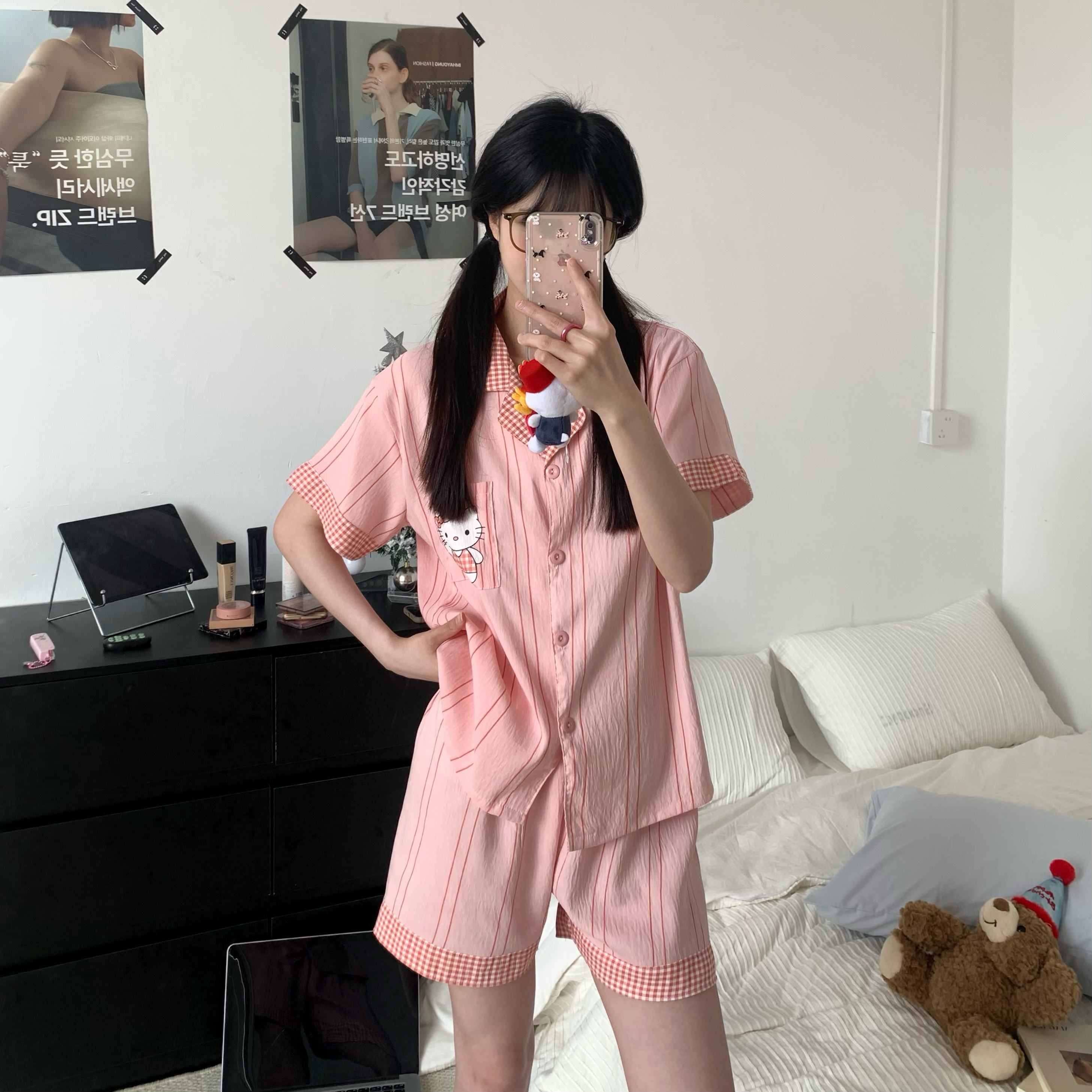 Summer Cloud Cotton Cardigan Homewear Women Short Sleeve Shorts 2 Pcs photo 5 (style 5212172)