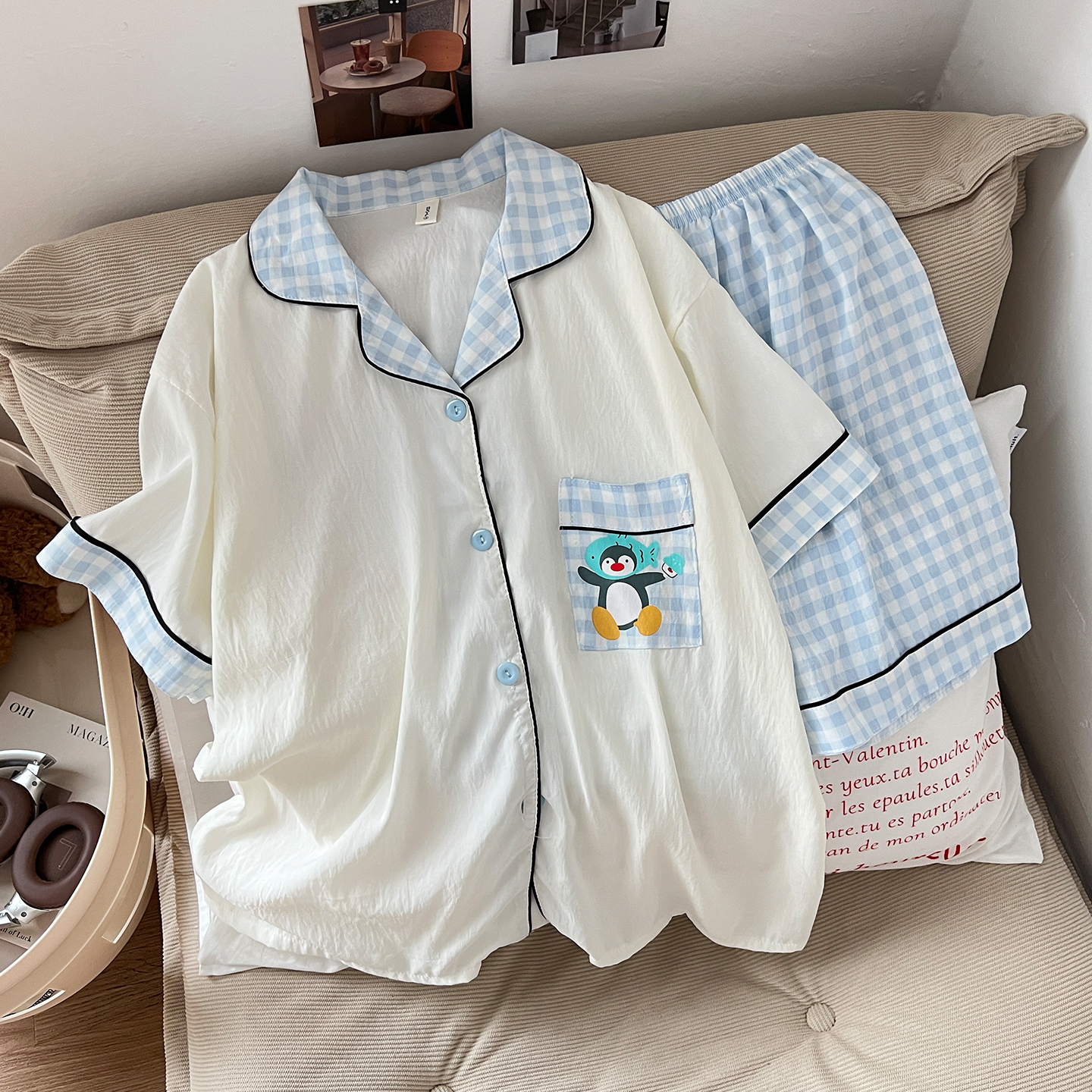 Summer Cloud Cotton Cardigan Homewear Women Short Sleeve Shorts 2 Pcs photo 6 (style 5232172)