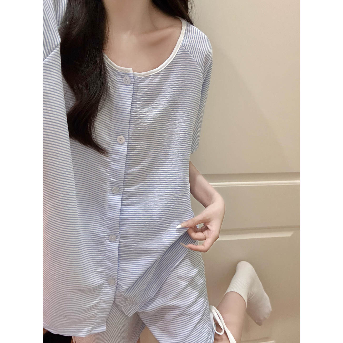 Summer Cloud Cotton Homewear Women Short Sleeve Shorts 2 Pcs Breathabl photo 1 (style 523417)