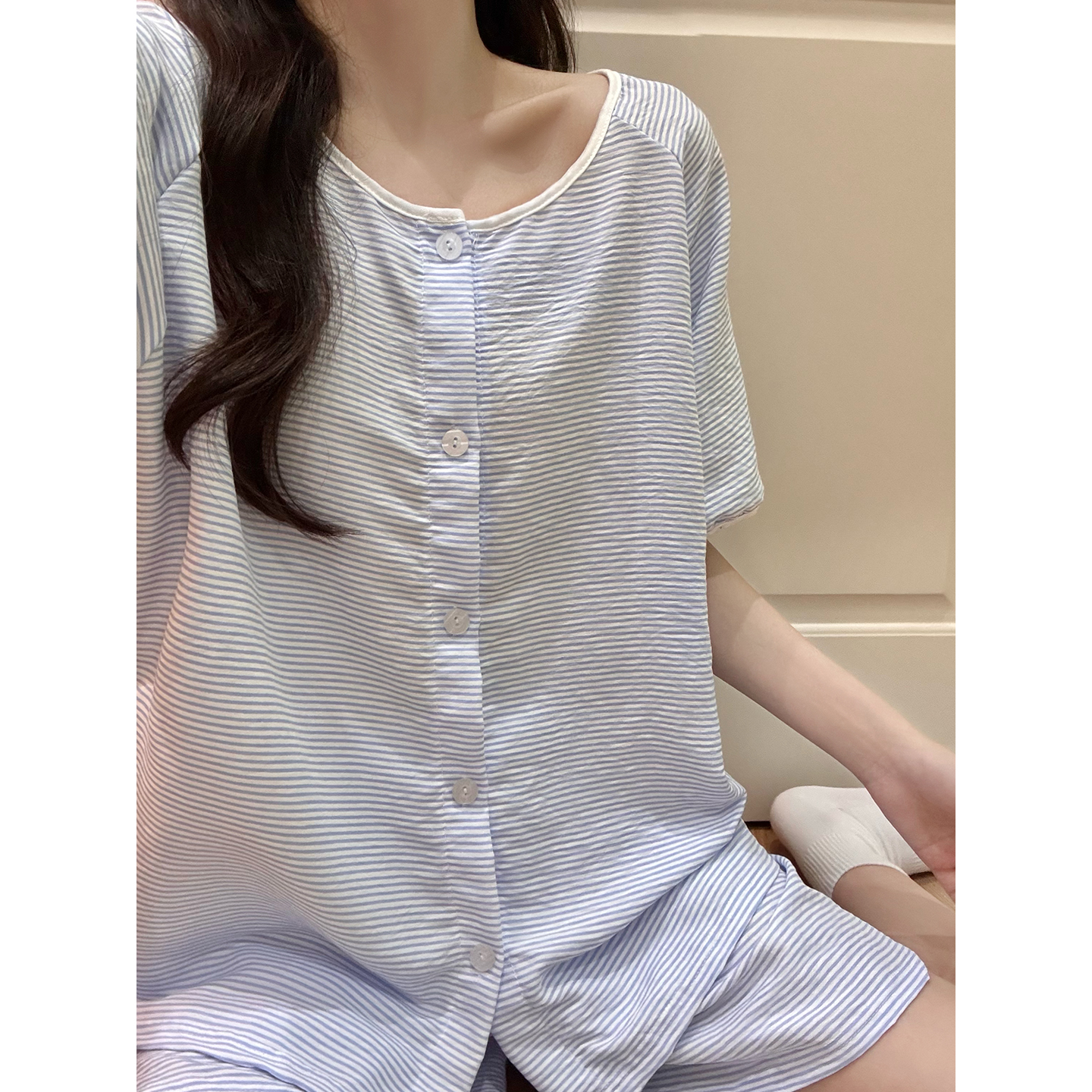 Summer Cloud Cotton Homewear Women Short Sleeve Shorts 2 Pcs Breathabl photo 3 (style 523417)