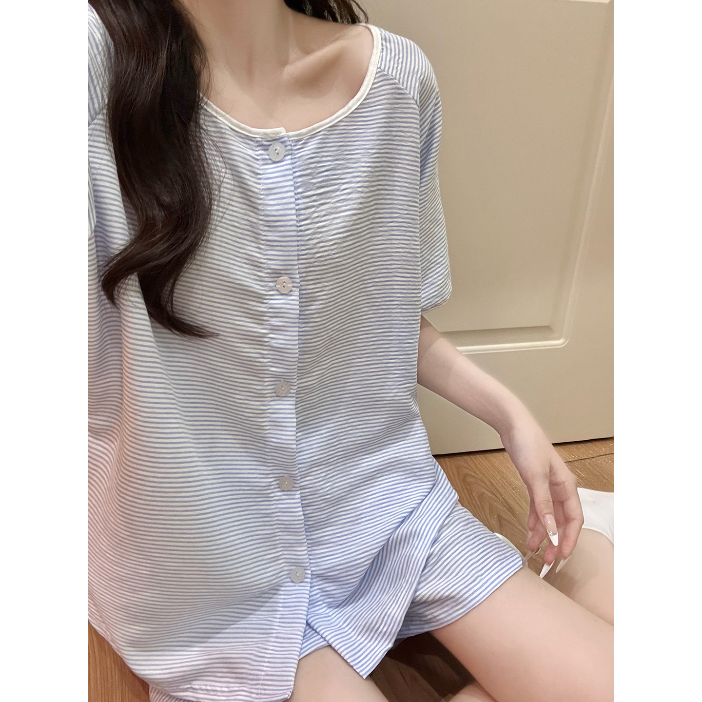 Summer Cloud Cotton Homewear Women Short Sleeve Shorts 2 Pcs Breathabl photo 4 (style 523417)