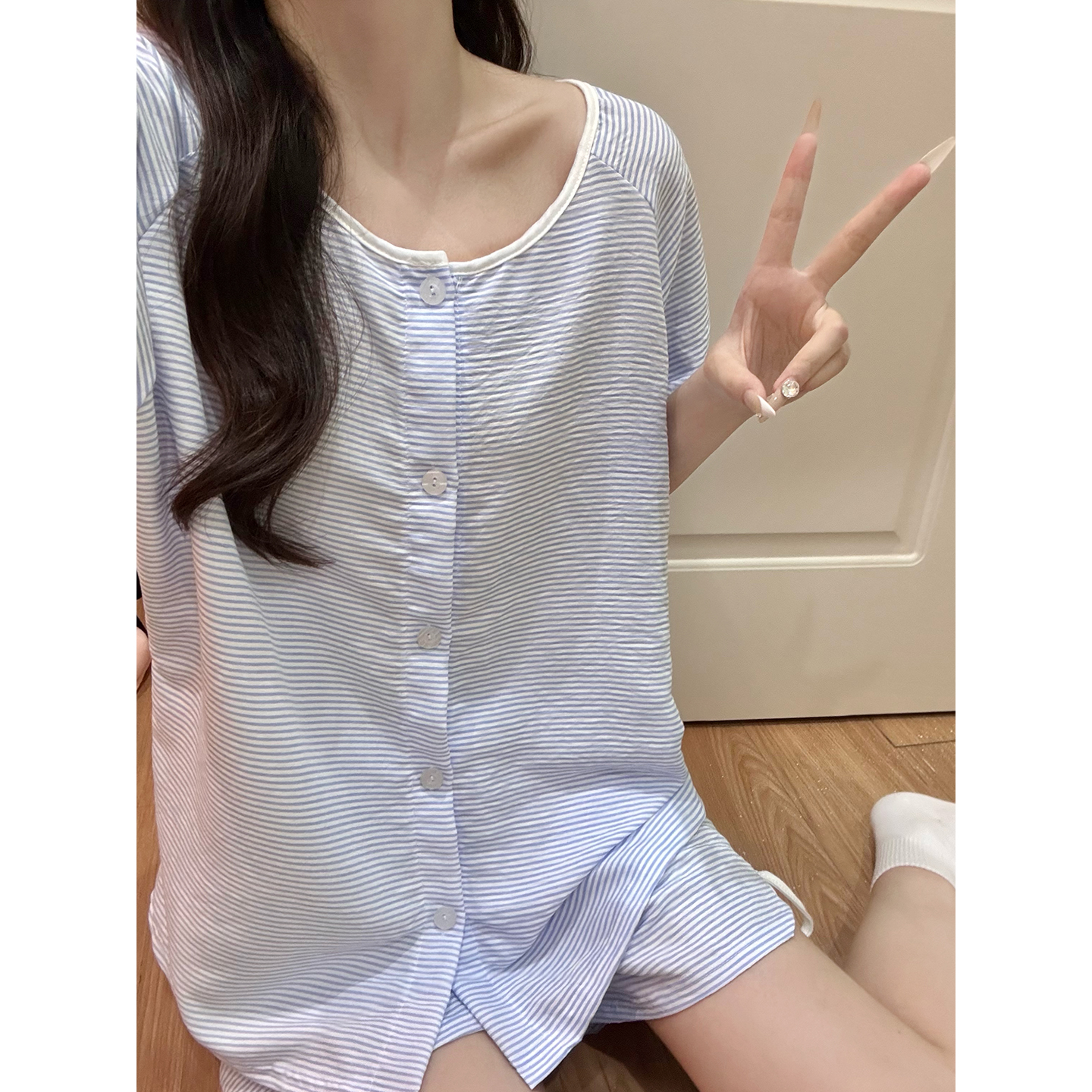 Summer Cloud Cotton Homewear Women Short Sleeve Shorts 2 Pcs Breathabl photo 5 (style 523417)
