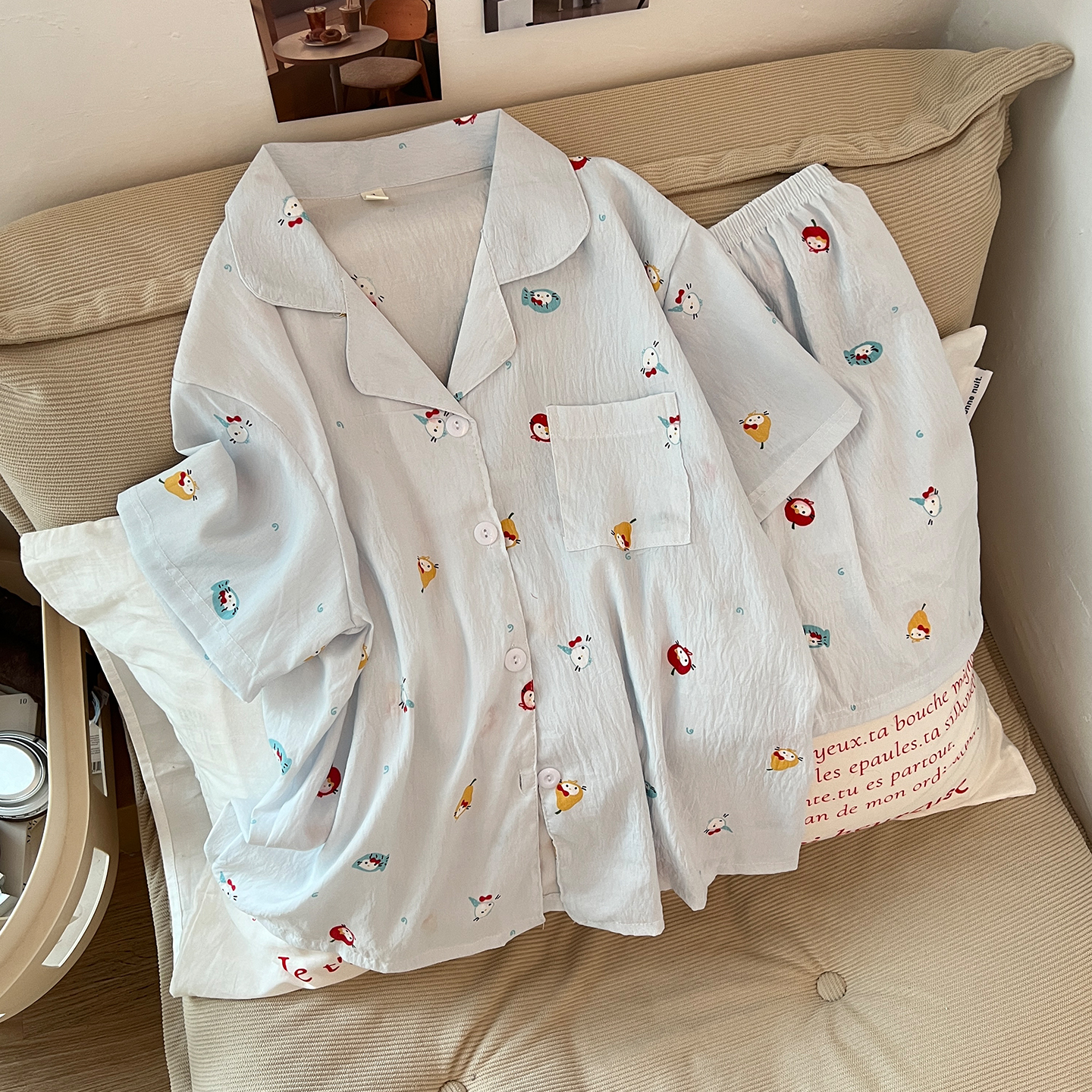 Summer Cloud Cotton Cardigan Homewear Women Short Sleeve Shorts 2 Pcs photo 6 (style 5241172)