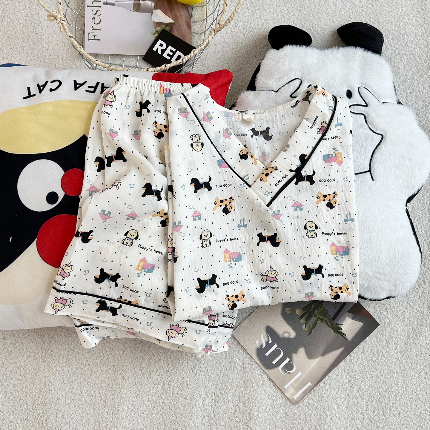 Summer Cloud Cotton Pullover Homewear Women Short Sleeve Shorts 2 Pcs photo 6 (style 5244952)