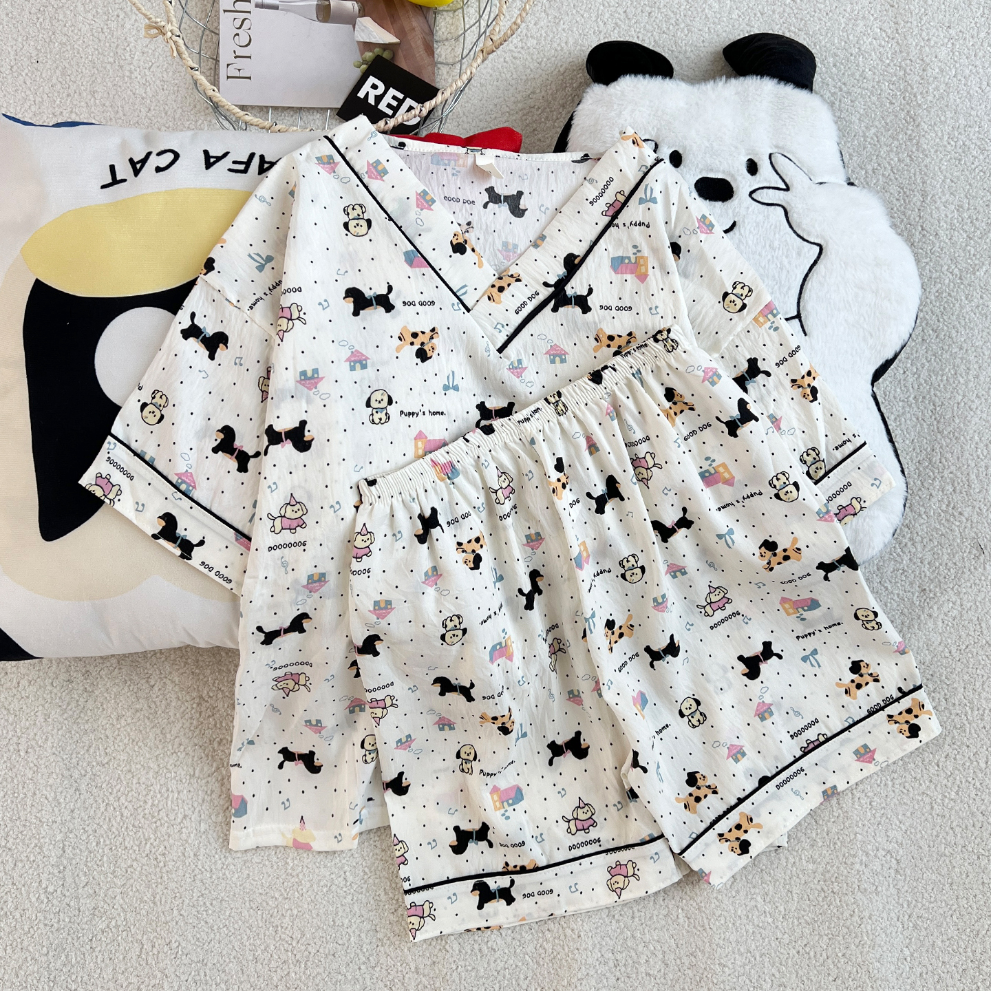 Summer Cloud Cotton Pullover Homewear Women Short Sleeve Shorts 2 Pcs photo 7 (style 5244952)