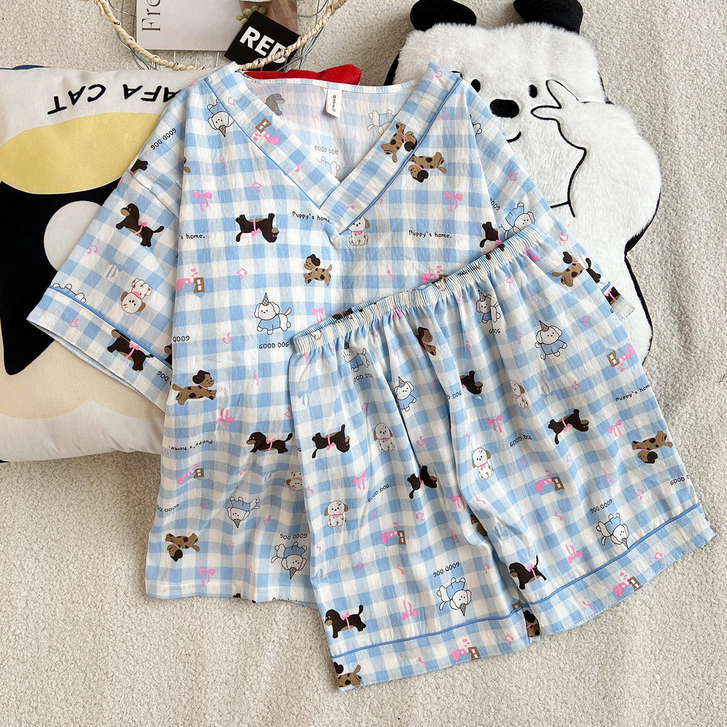Summer Cloud Cotton Pullover Homewear Women Short Sleeve Shorts 2 Pcs photo 7 (style 5246952)