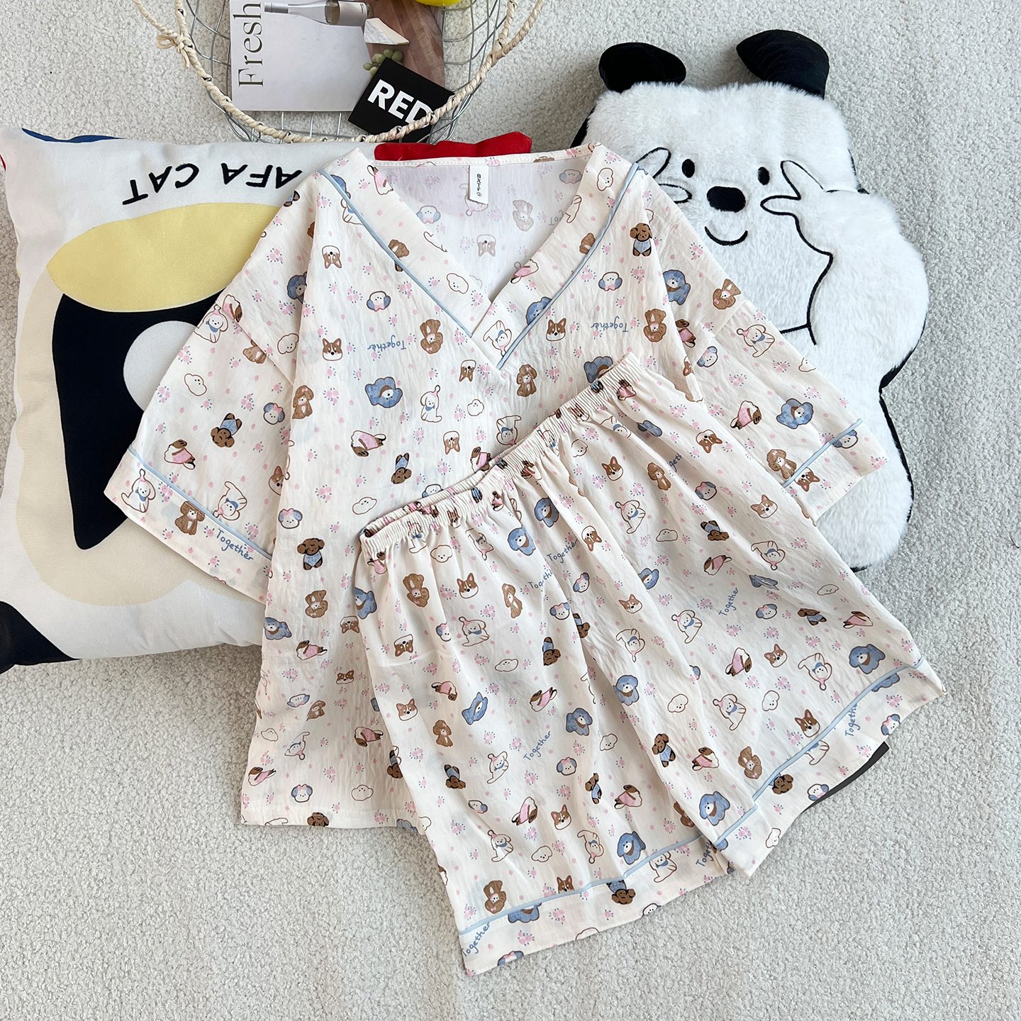 Summer Cloud Cotton Pullover Homewear Women Short Sleeve Shorts 2 Pcs photo 6 (style 5247952)