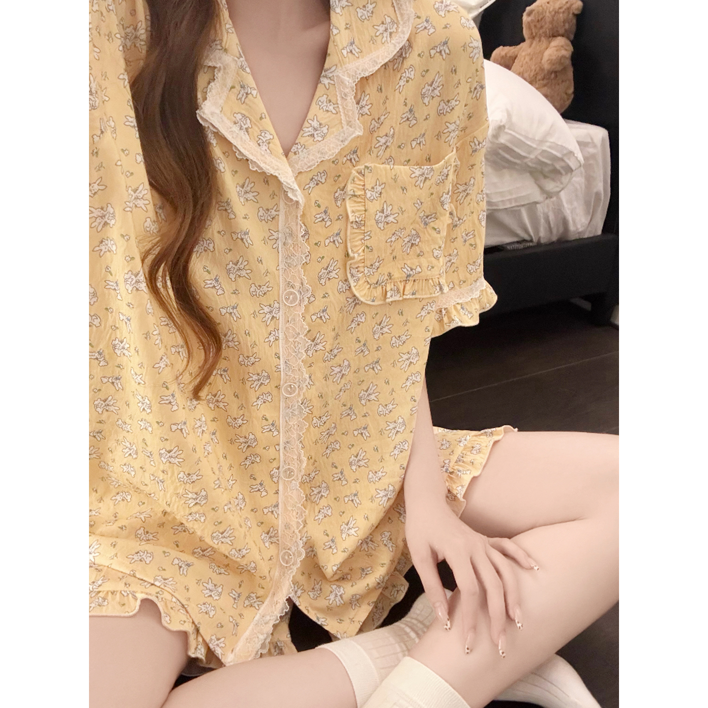 Summer Cloud Cotton Homewear Women Short Sleeve Shorts 2 Pcs Breathabl photo 6 (style 5389272)