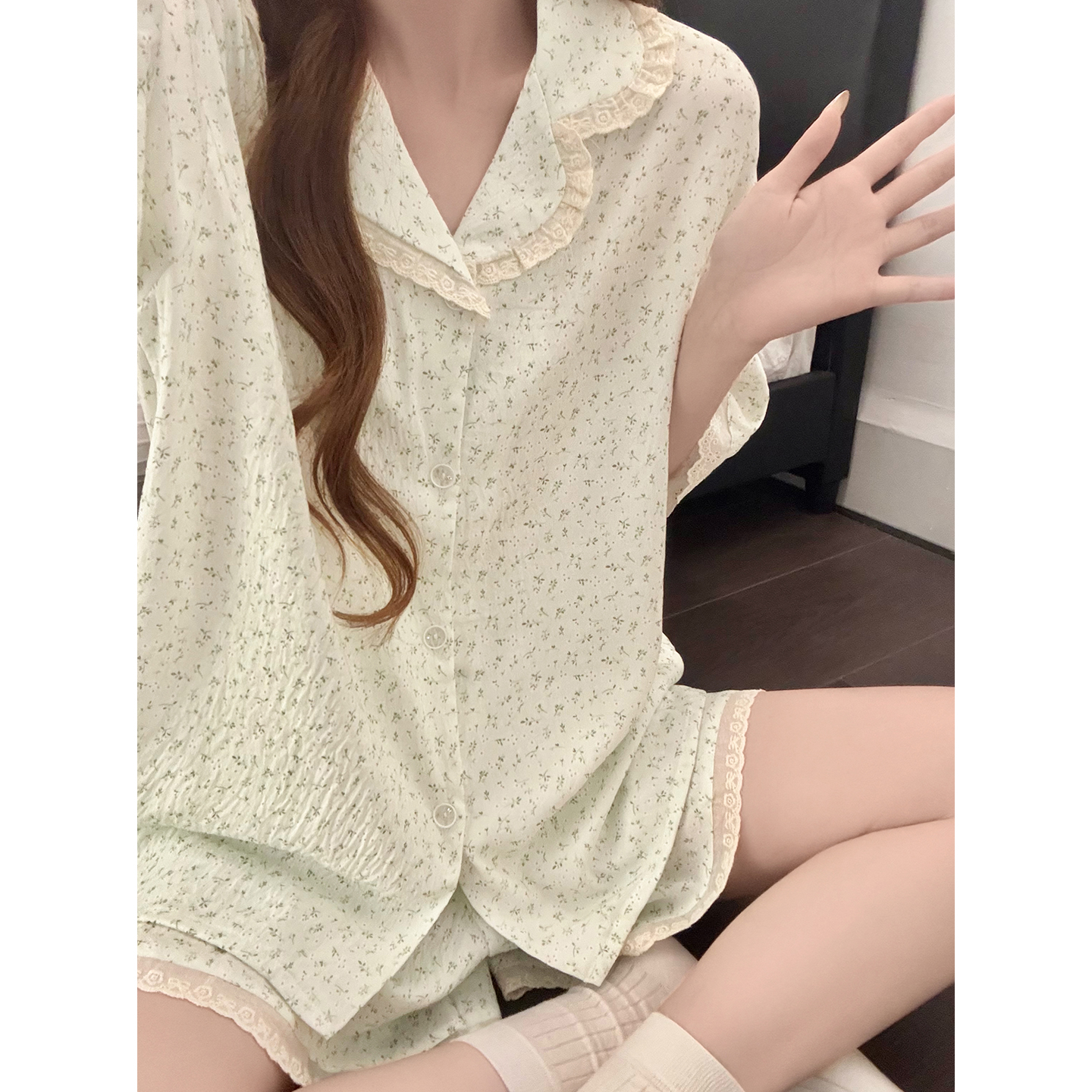 Summer Cloud Cotton Floral Homewear Women Short Sleeve Shorts 2 Pcs Br photo 2 (style 5390252)