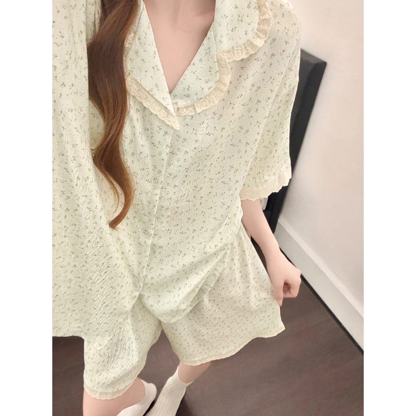 Summer Cloud Cotton Floral Homewear Women Short Sleeve Shorts 2 Pcs Br photo 5 (style 5390252)