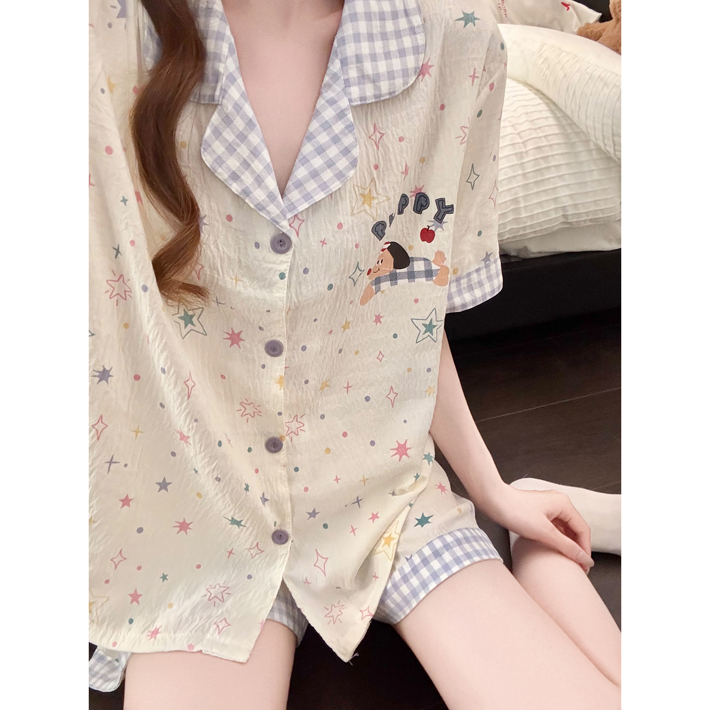 Summer Cloud Cotton Homewear Women Short Sleeve Shorts 2 Pcs Breathabl photo 1 (style 5400202)