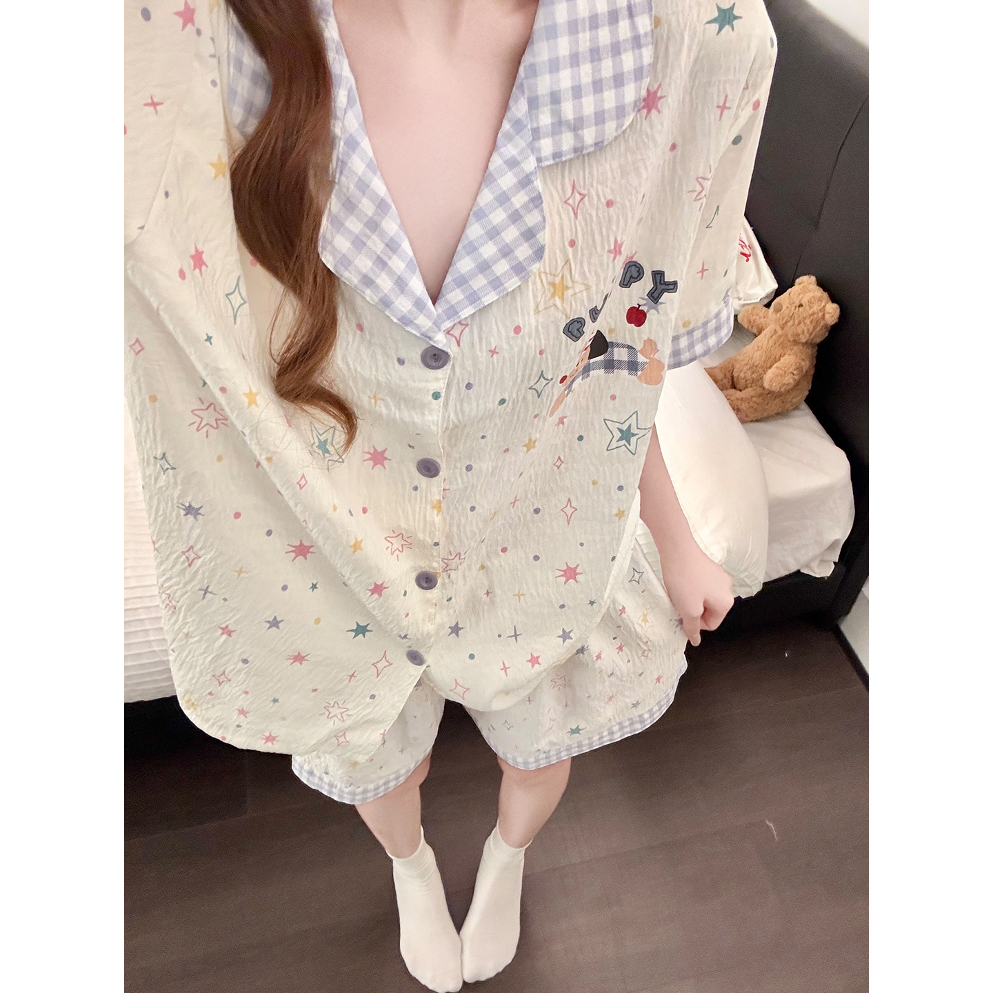 Summer Cloud Cotton Homewear Women Short Sleeve Shorts 2 Pcs Breathabl photo 2 (style 5400202)