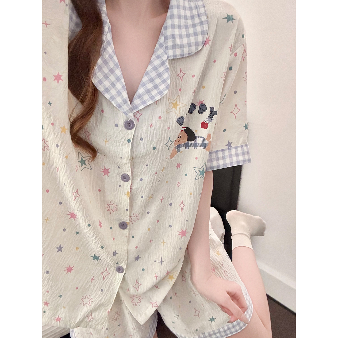 Summer Cloud Cotton Homewear Women Short Sleeve Shorts 2 Pcs Breathabl photo 3 (style 5400202)