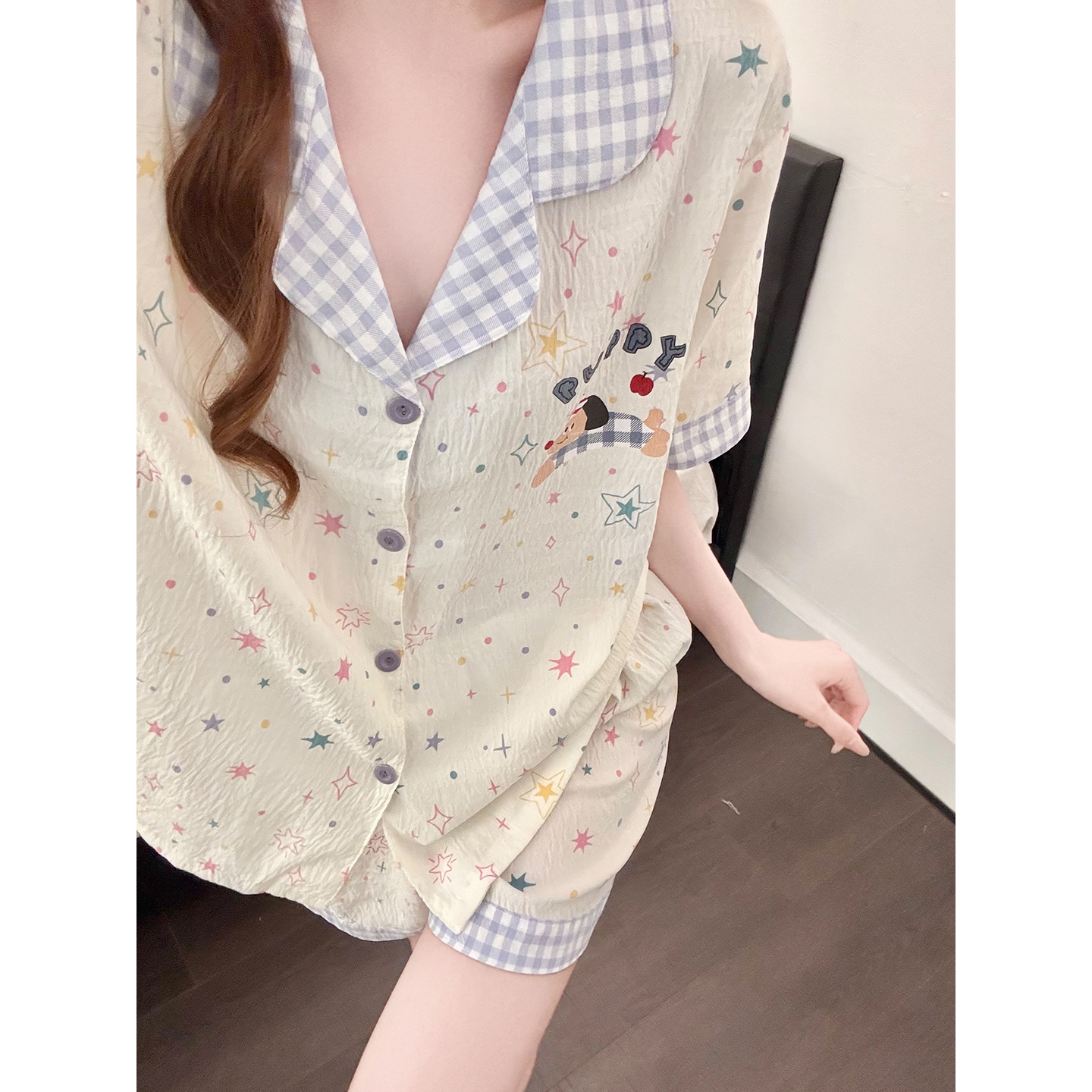 Summer Cloud Cotton Homewear Women Short Sleeve Shorts 2 Pcs Breathabl photo 4 (style 5400202)