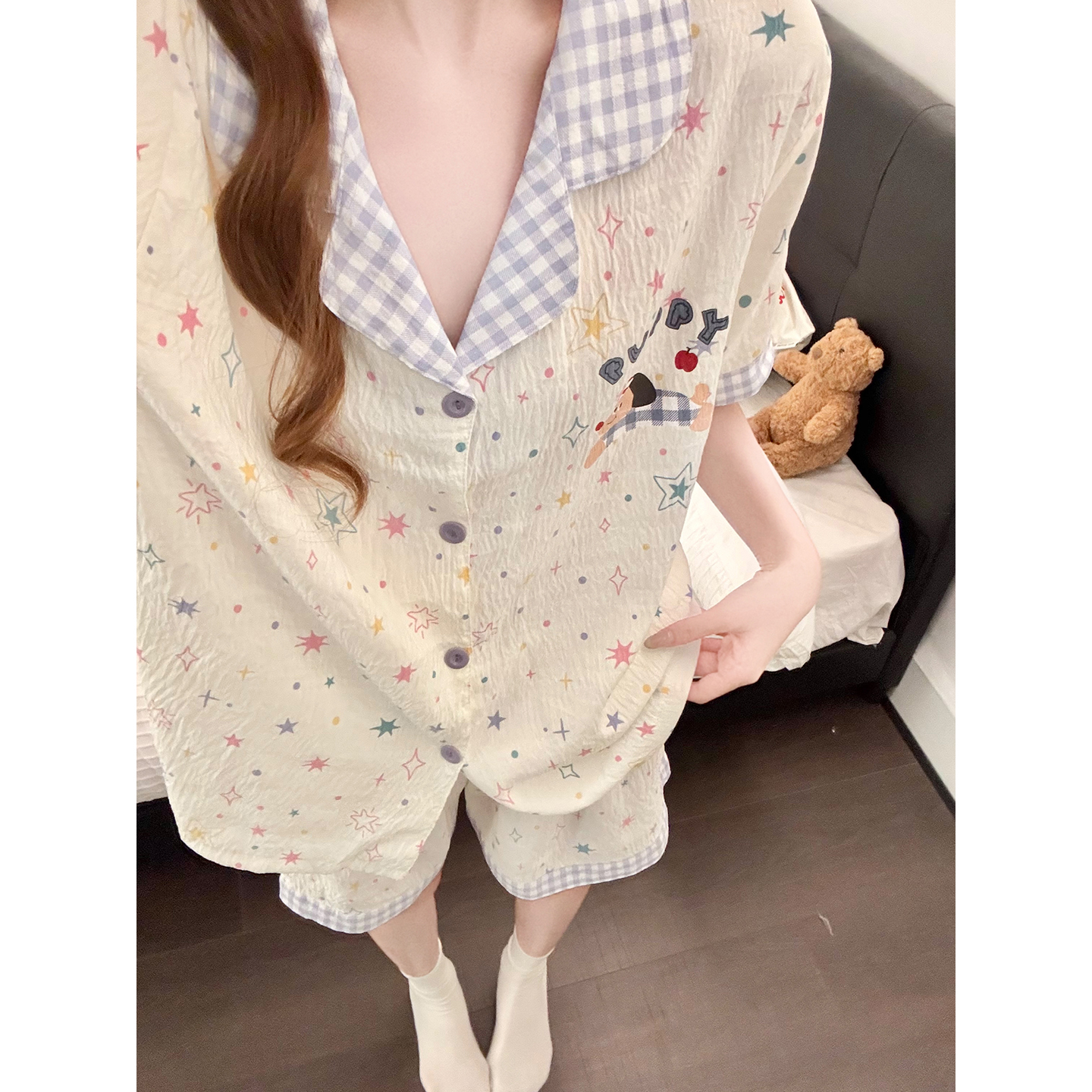 Summer Cloud Cotton Homewear Women Short Sleeve Shorts 2 Pcs Breathabl photo 5 (style 5400202)