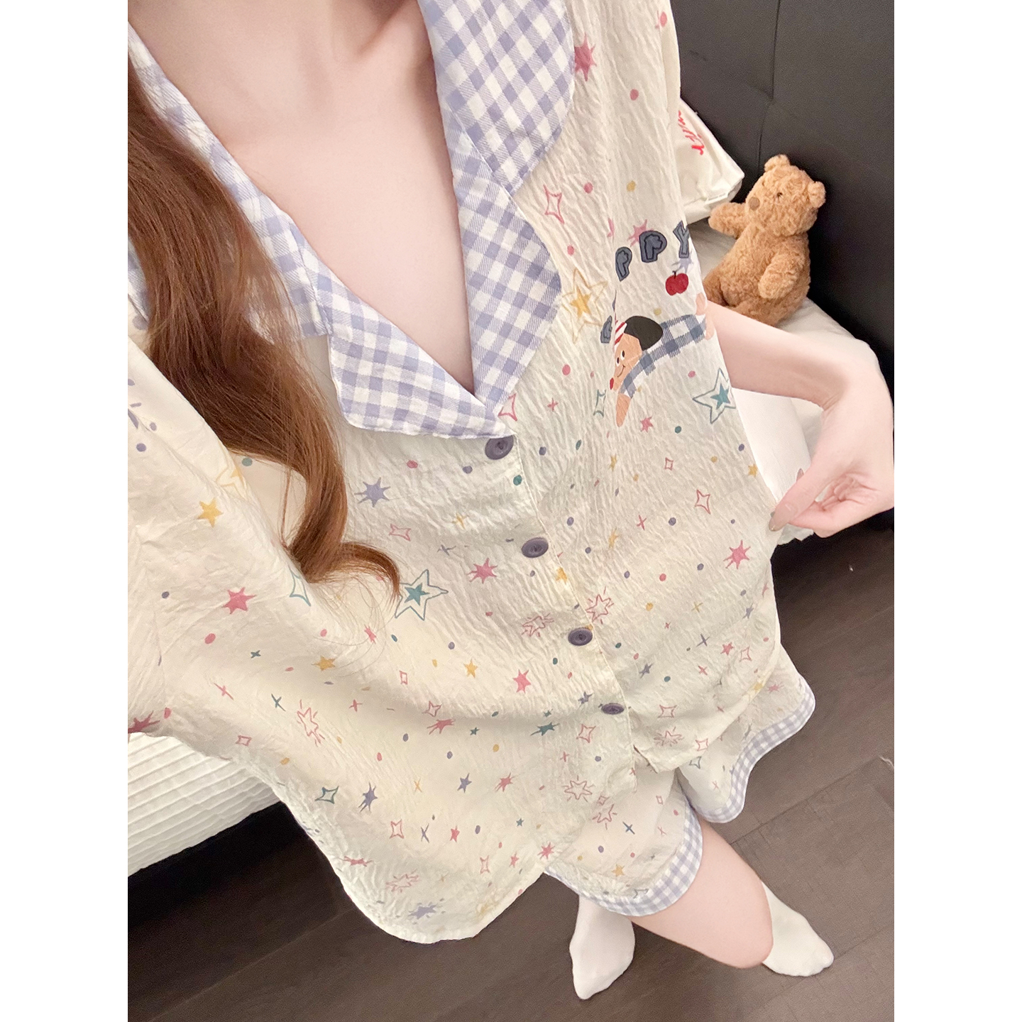 Summer Cloud Cotton Homewear Women Short Sleeve Shorts 2 Pcs Breathabl photo 6 (style 5400202)