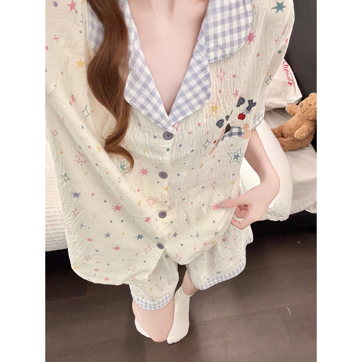 Summer Cloud Cotton Homewear Women Short Sleeve Shorts 2 Pcs Breathabl photo 7 (style 5400202)