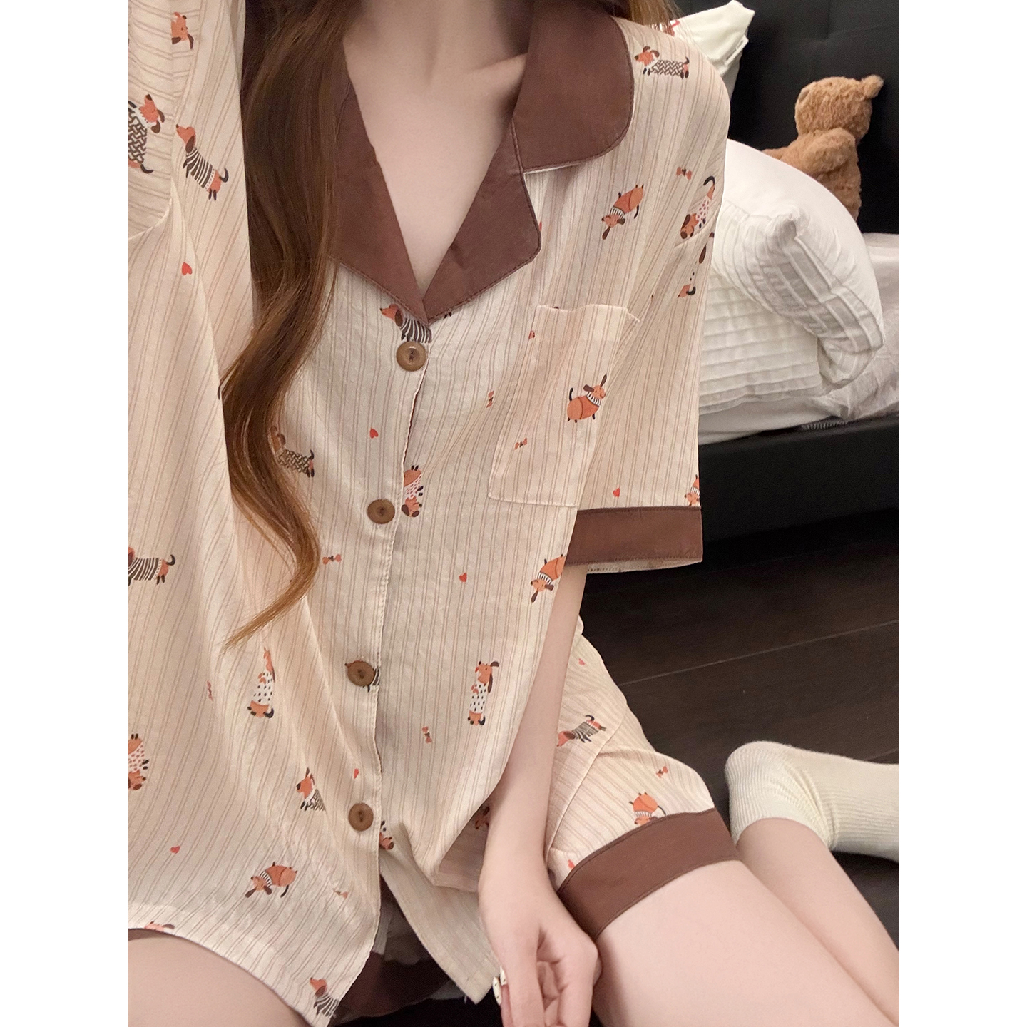 Summer Cloud Cotton Homewear Women Short Sleeve Shorts 2 Pcs Breathabl photo 6 (style 5442222)