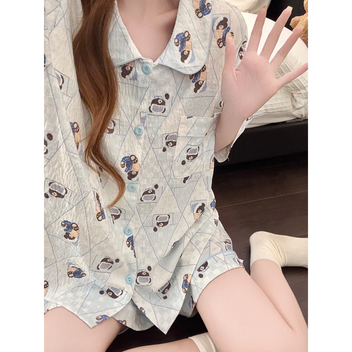 Summer Cloud Cotton Homewear Women Short Sleeve Shorts 2 Pcs Breathabl photo 2 (style 5443222)