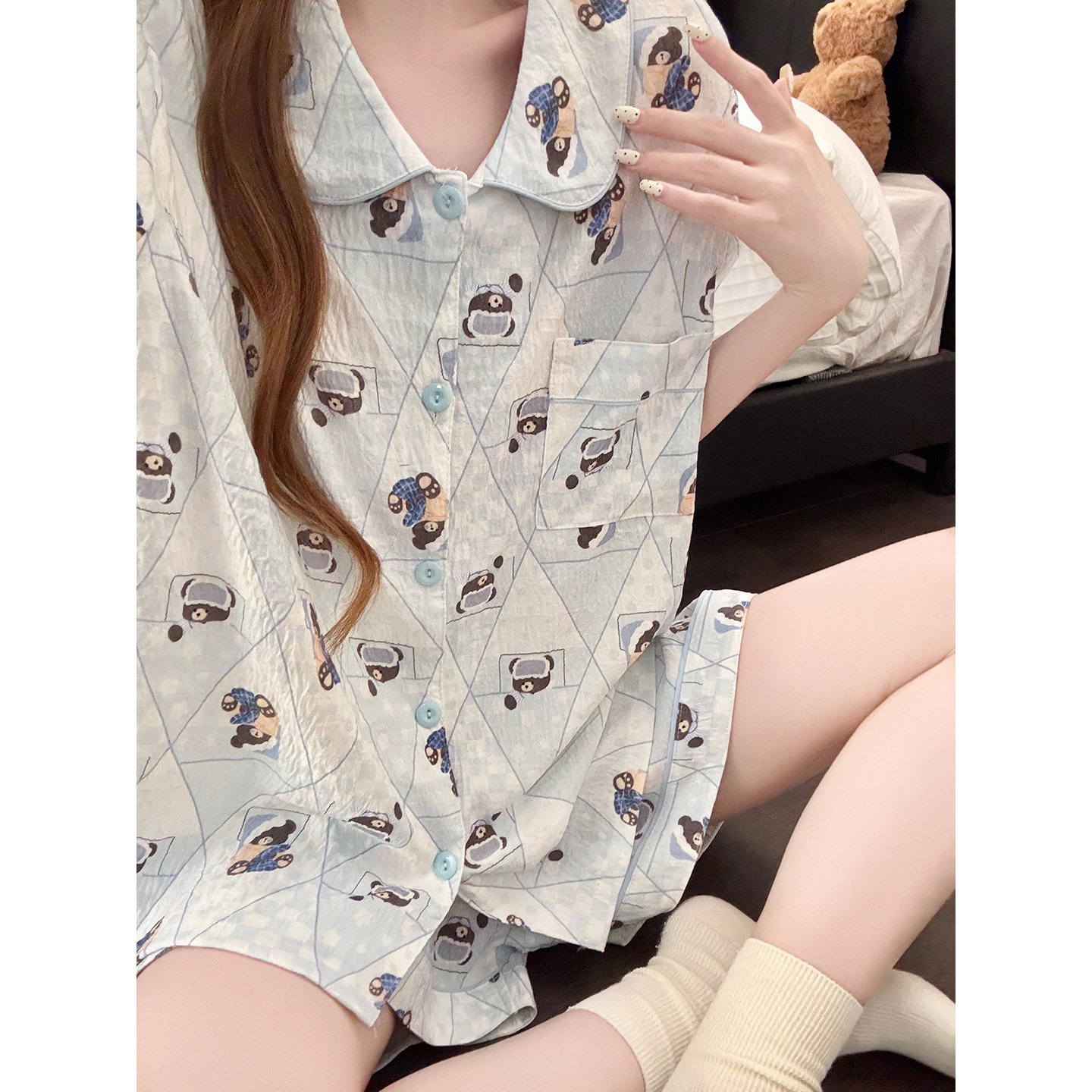 Summer Cloud Cotton Homewear Women Short Sleeve Shorts 2 Pcs Breathabl photo 4 (style 5443222)