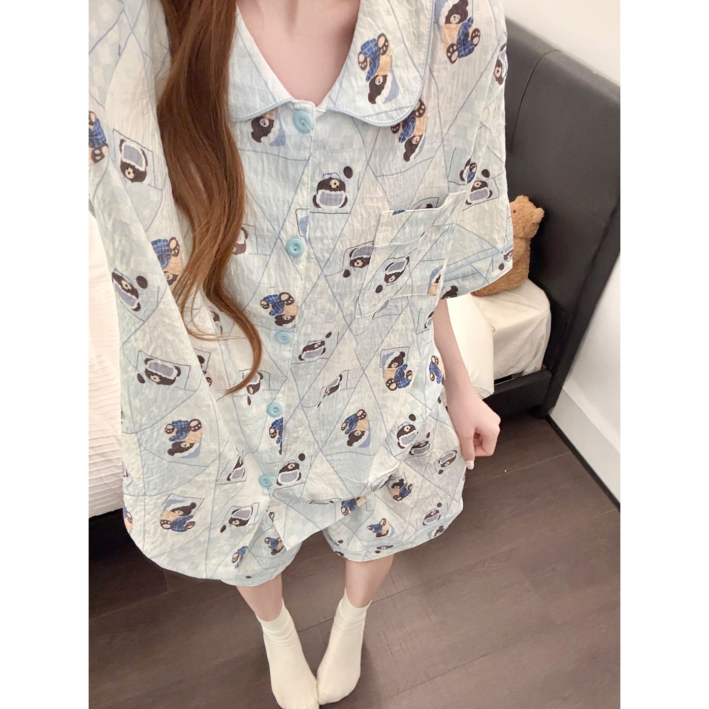 Summer Cloud Cotton Homewear Women Short Sleeve Shorts 2 Pcs Breathabl photo 6 (style 5443222)