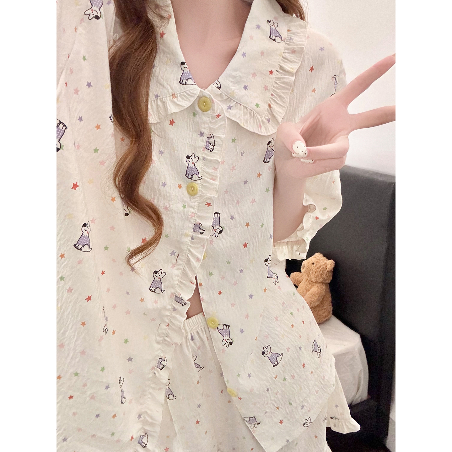 Summer Cloud Cotton Homewear Women Short Sleeve Shorts 2 Pcs Breathabl photo 1 (style 5444262)