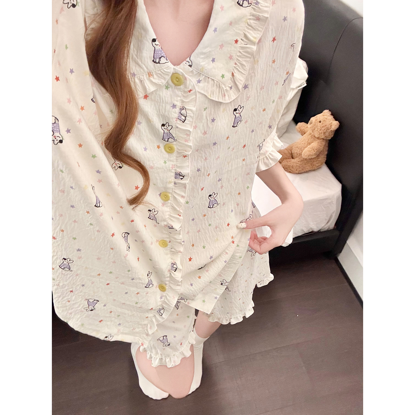 Summer Cloud Cotton Homewear Women Short Sleeve Shorts 2 Pcs Breathabl photo 2 (style 5444262)
