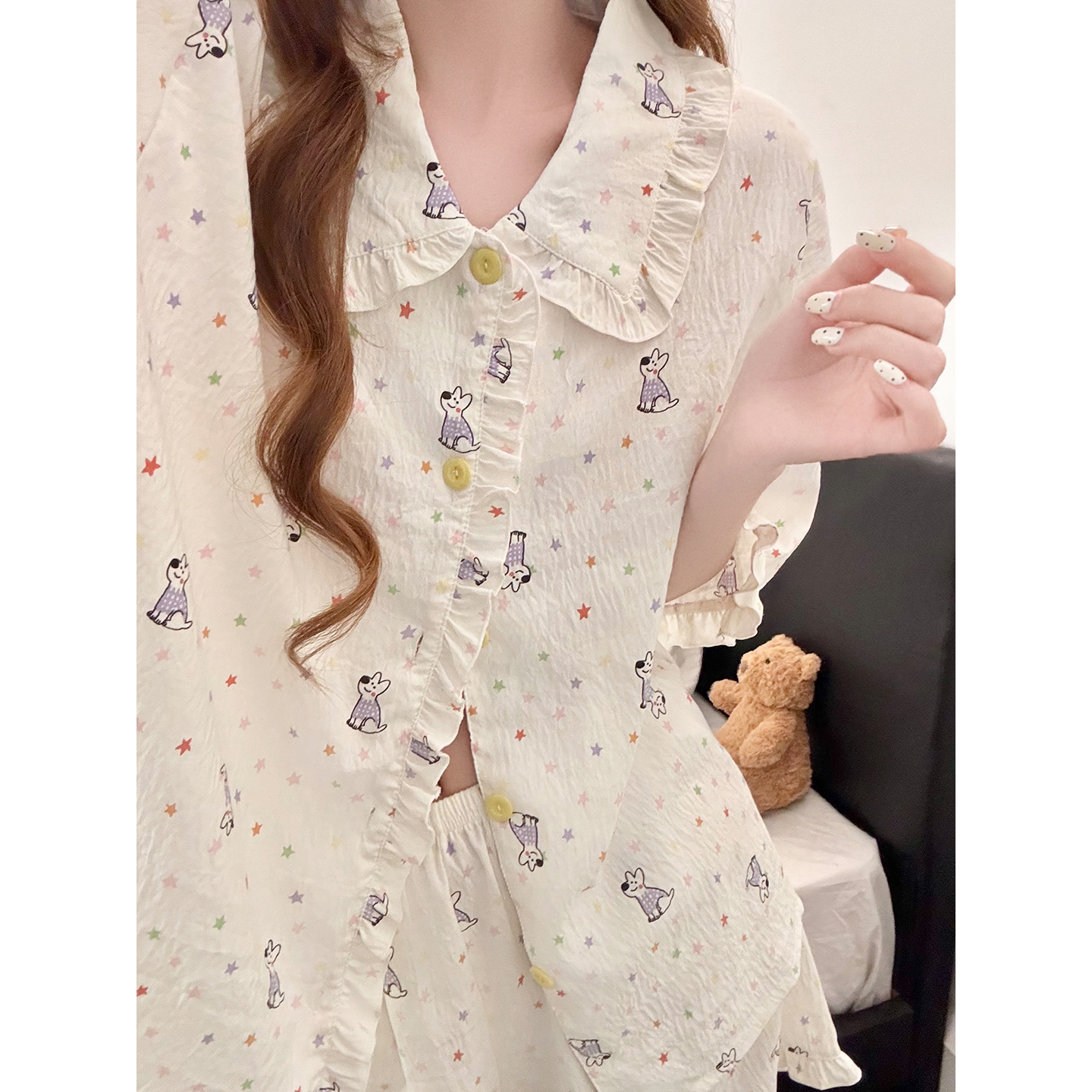 Summer Cloud Cotton Homewear Women Short Sleeve Shorts 2 Pcs Breathabl photo 4 (style 5444262)