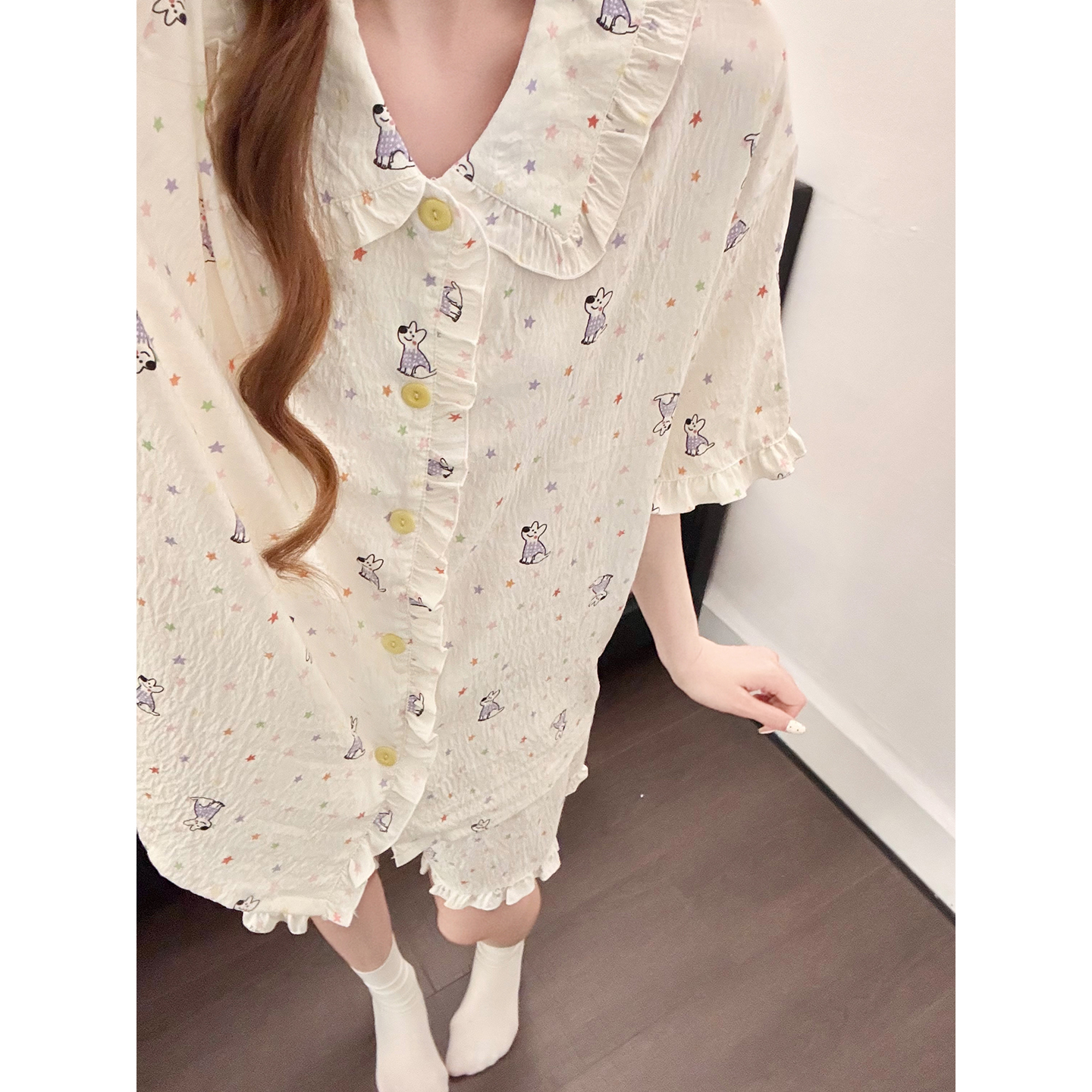 Summer Cloud Cotton Homewear Women Short Sleeve Shorts 2 Pcs Breathabl photo 5 (style 5444262)