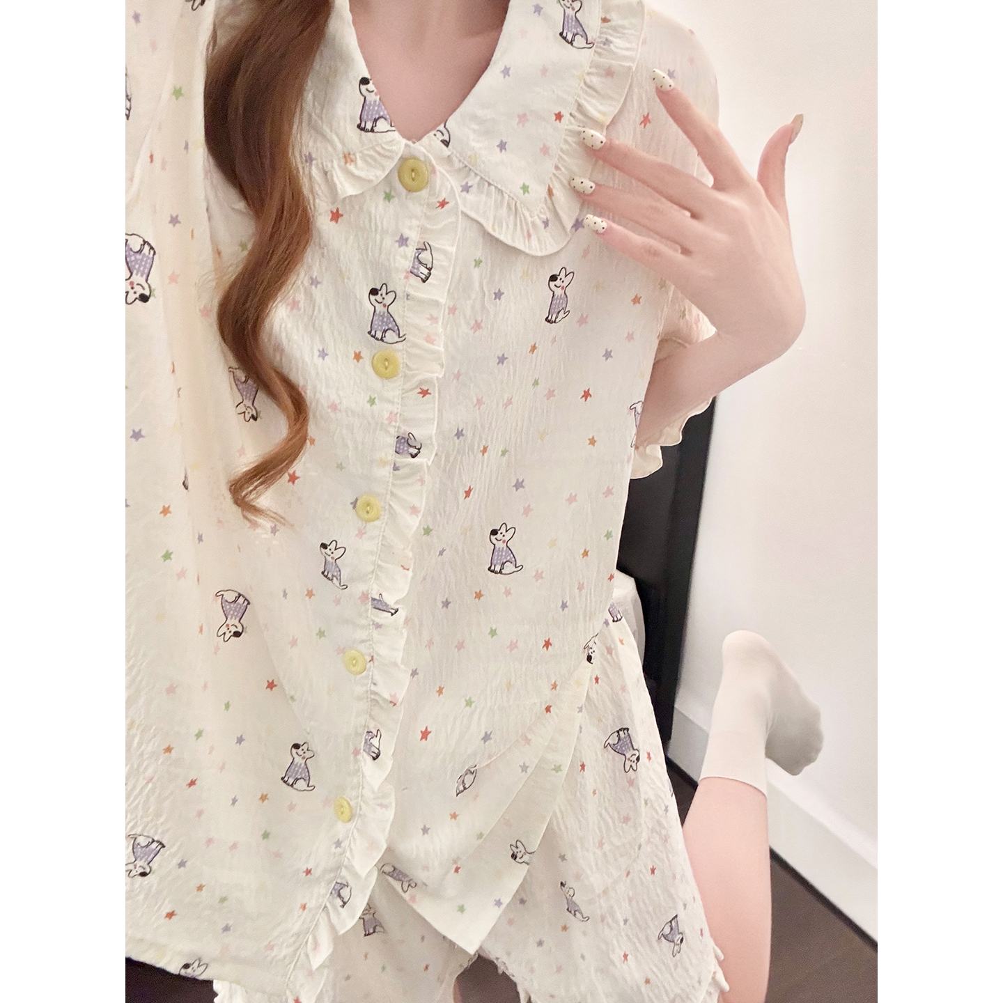 Summer Cloud Cotton Homewear Women Short Sleeve Shorts 2 Pcs Breathabl photo 6 (style 5444262)