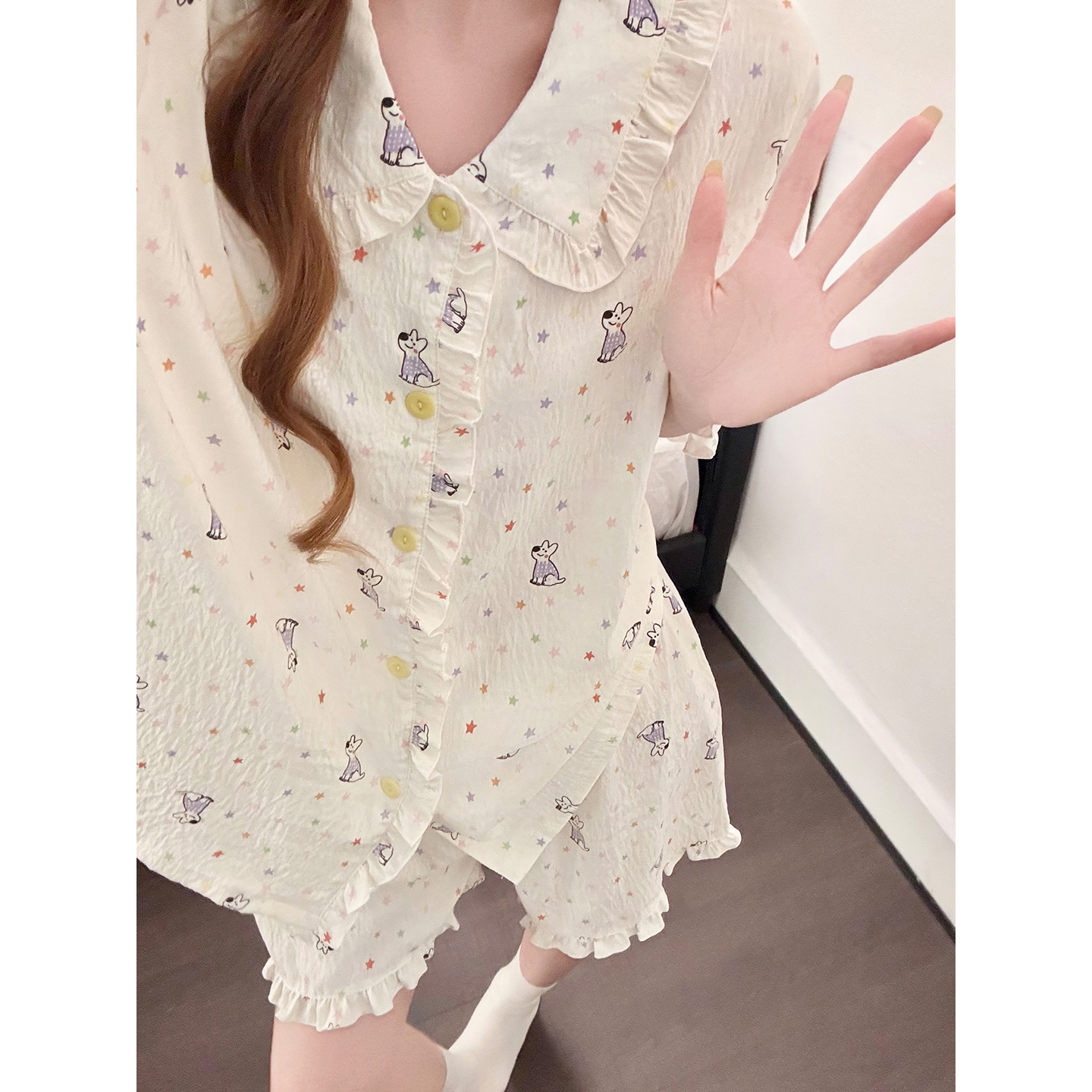 Summer Cloud Cotton Homewear Women Short Sleeve Shorts 2 Pcs Breathabl photo 7 (style 5444262)