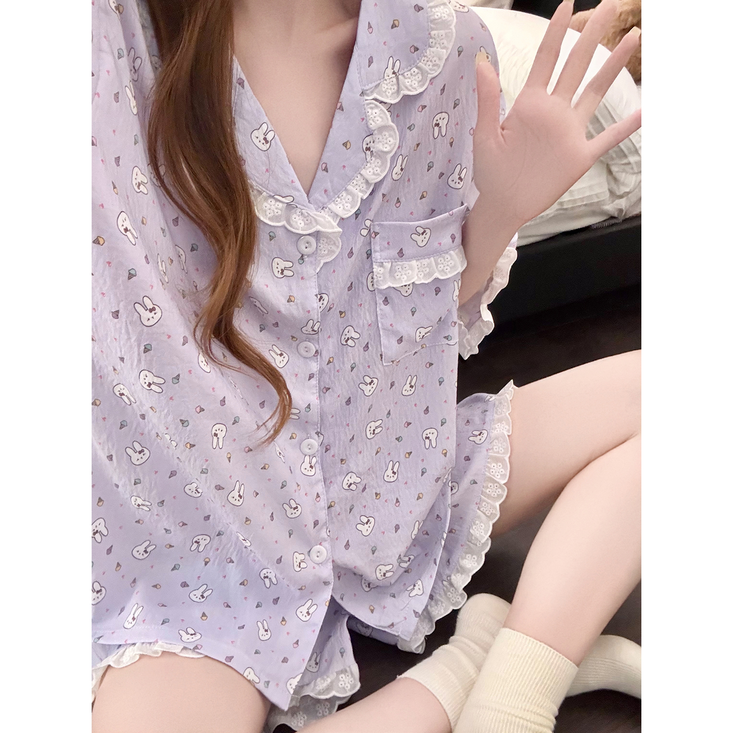 Summer Cloud Cotton Homewear Women Short Sleeve Shorts 2 Pcs Breathabl photo 2 (style 5445252)