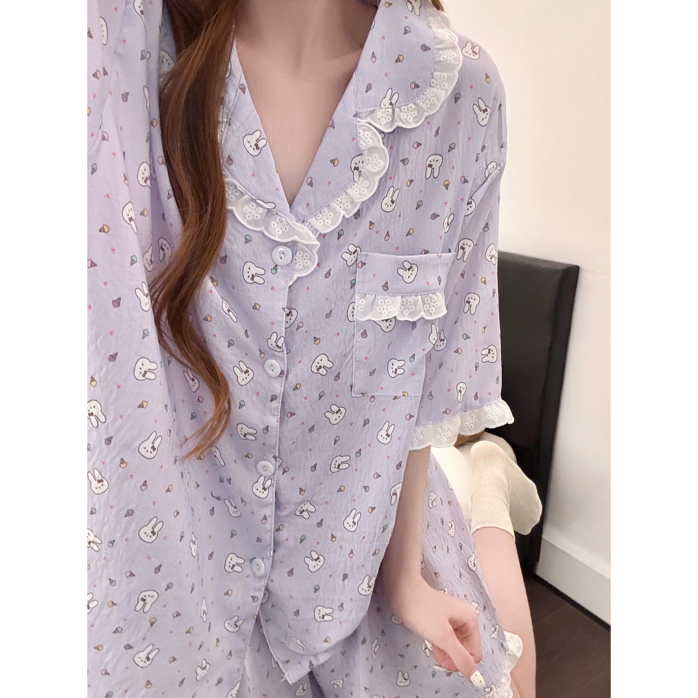 Summer Cloud Cotton Homewear Women Short Sleeve Shorts 2 Pcs Breathabl photo 4 (style 5445252)