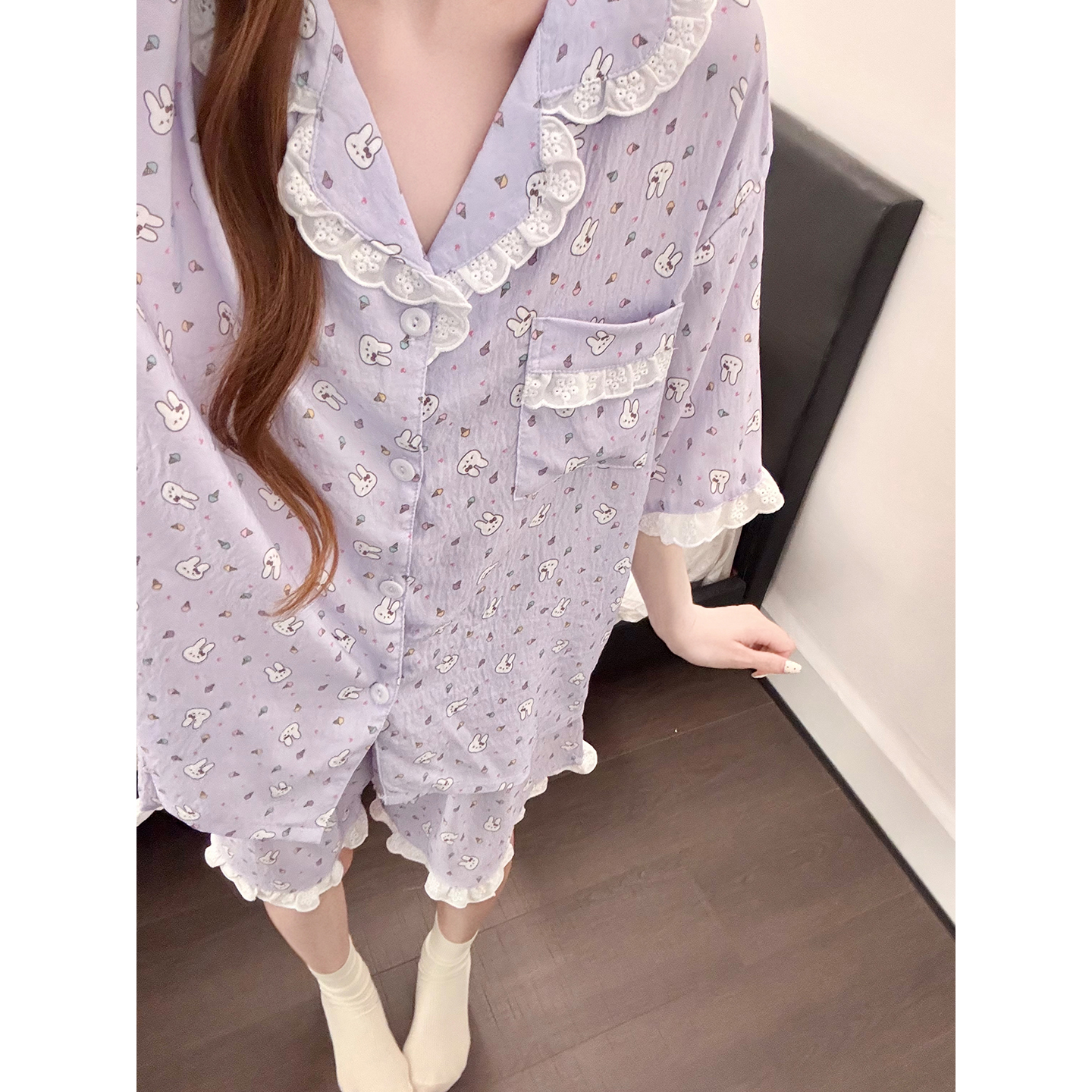 Summer Cloud Cotton Homewear Women Short Sleeve Shorts 2 Pcs Breathabl photo 6 (style 5445252)