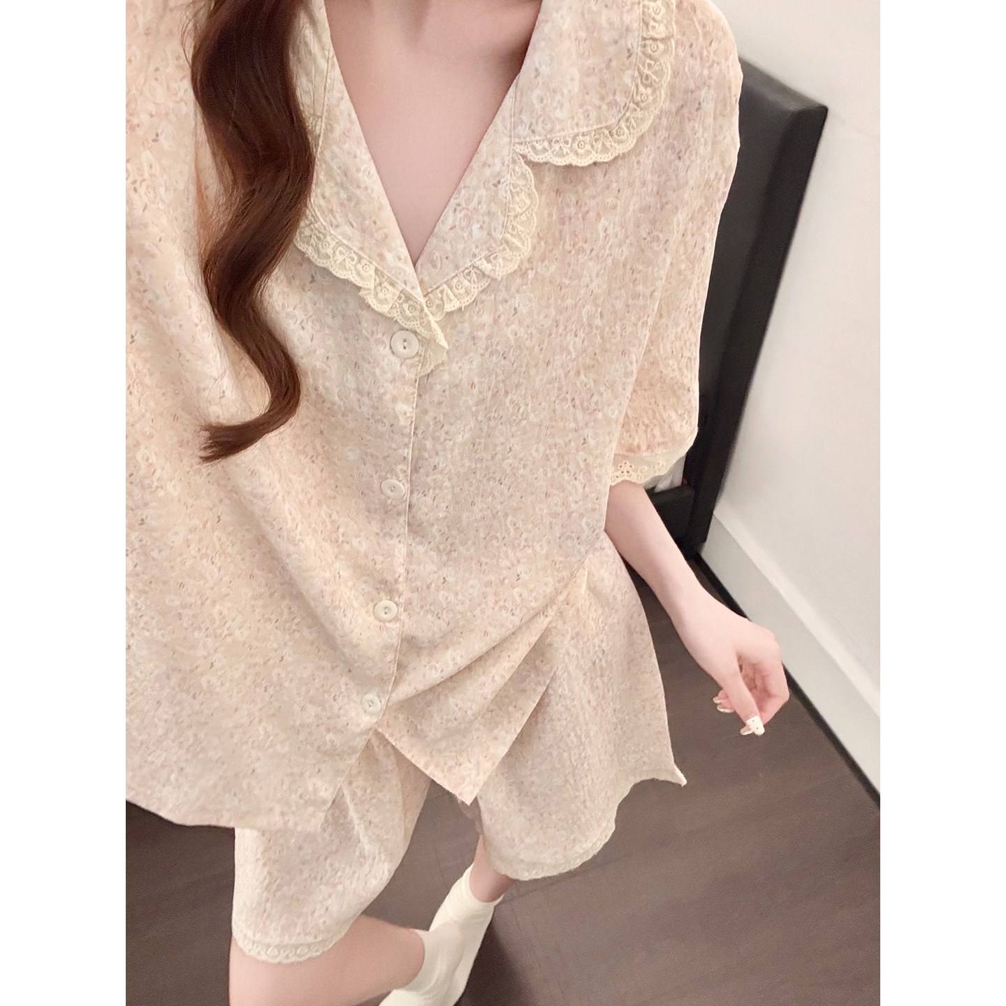 Summer Cloud Cotton Homewear Women Short Sleeve Shorts 2 Pcs Breathabl photo 3 (style 5446252)
