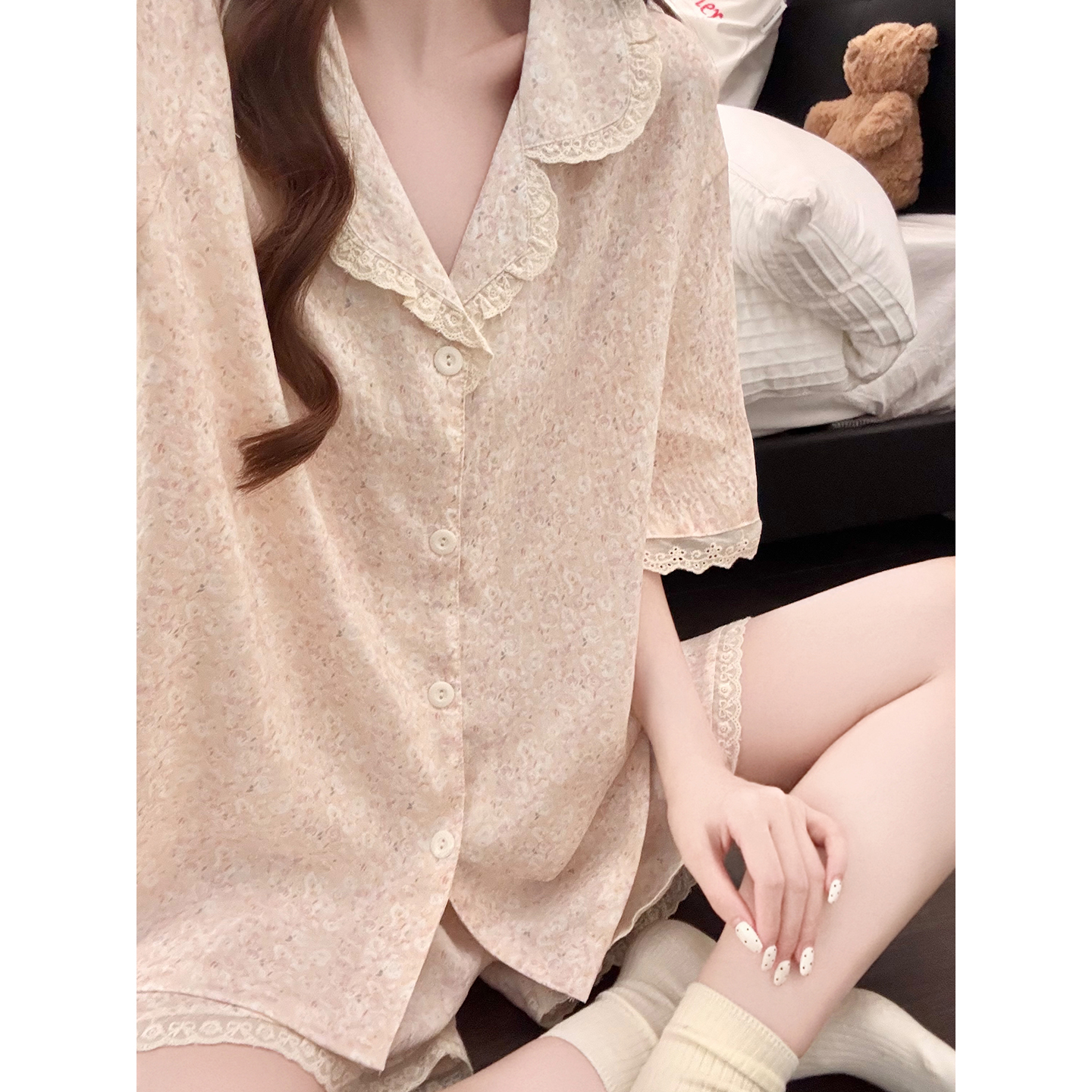 Summer Cloud Cotton Homewear Women Short Sleeve Shorts 2 Pcs Breathabl photo 7 (style 5446252)