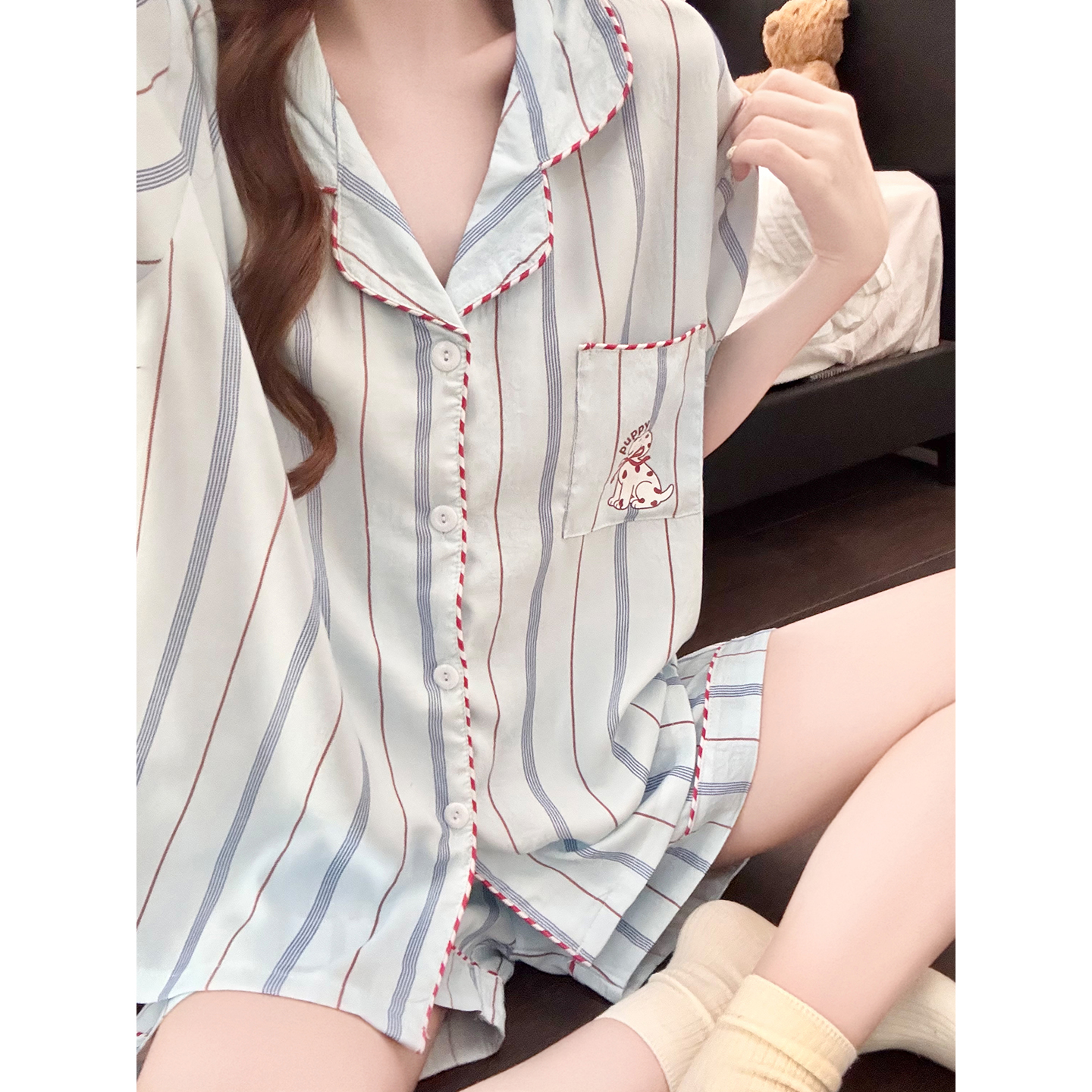 Summer Cloud Cotton Homewear Women Short Sleeve Shorts 2 Pcs Breathabl photo 4 (style 5447212)