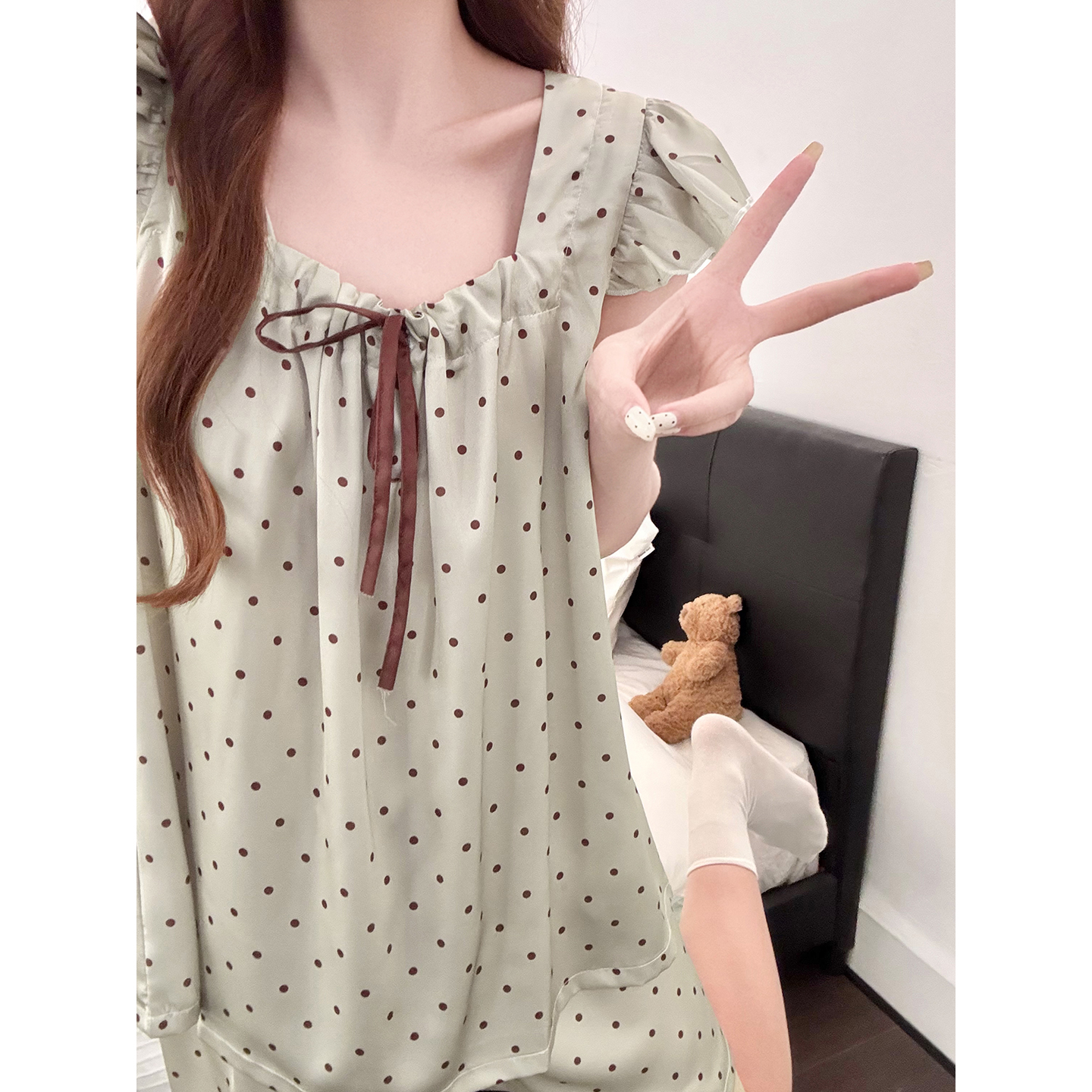 Summer Ice Silk Polka Homewear Women Short Sleeve Shorts 2 Pcs Breatha photo 2 (style 5456312)