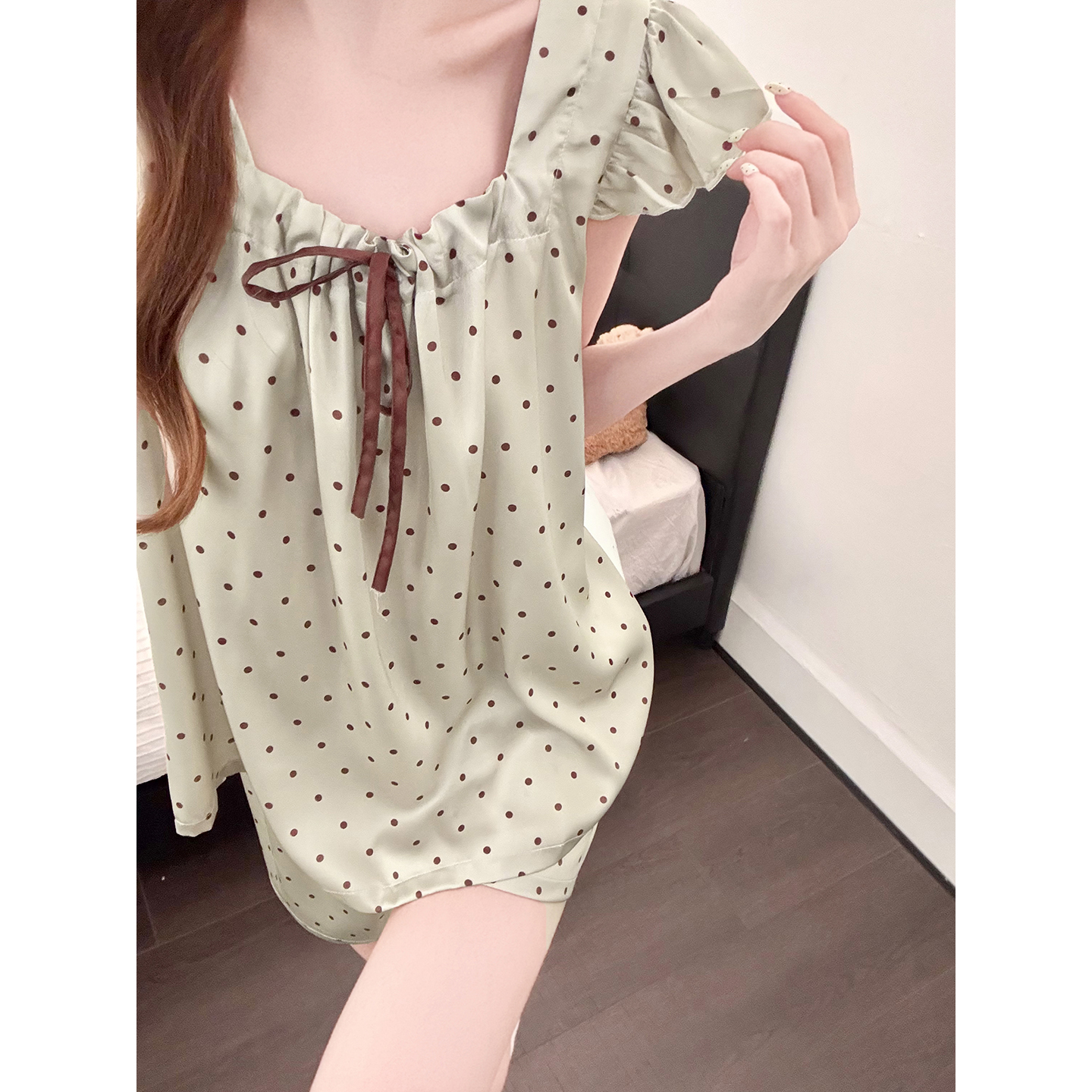 Summer Ice Silk Polka Homewear Women Short Sleeve Shorts 2 Pcs Breatha photo 3 (style 5456312)