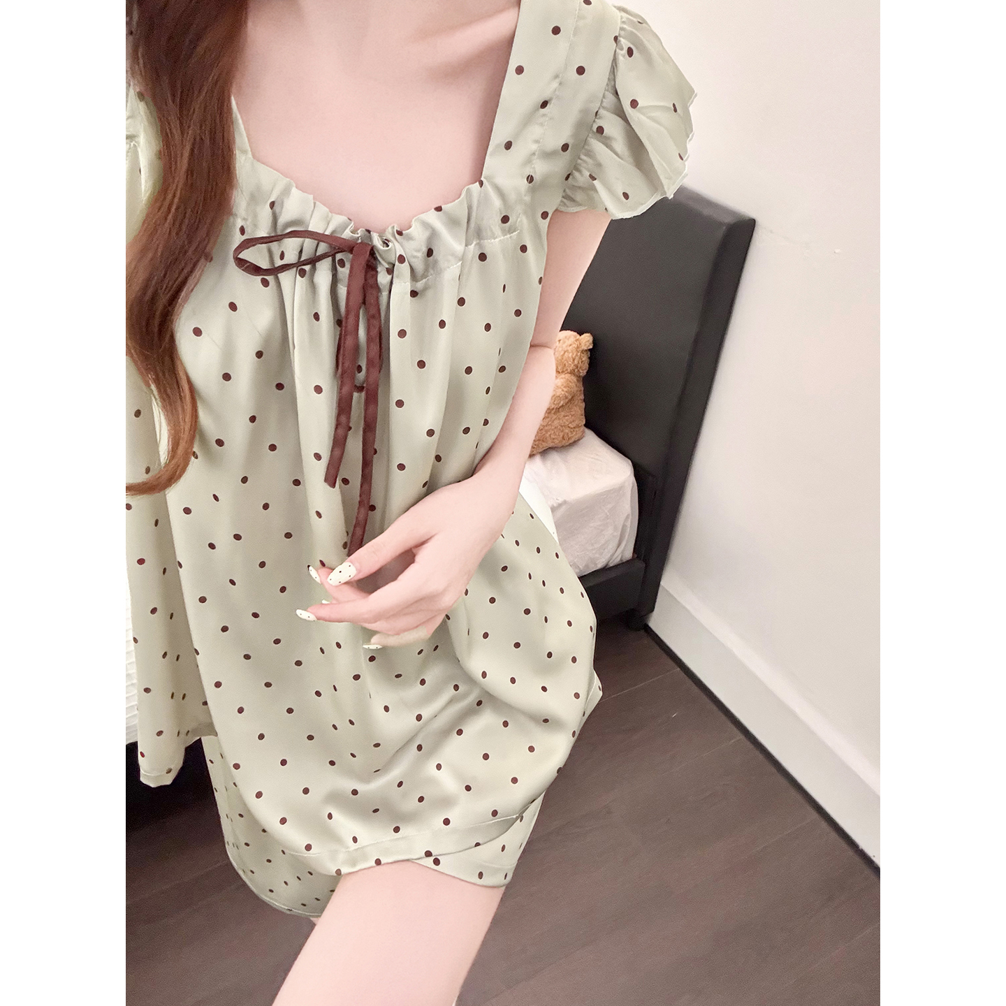 Summer Ice Silk Polka Homewear Women Short Sleeve Shorts 2 Pcs Breatha photo 6 (style 5456312)