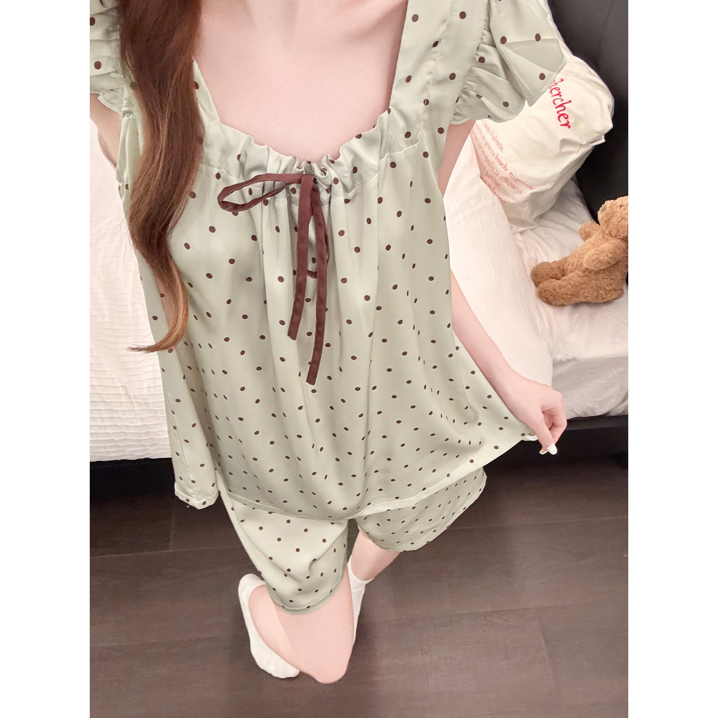 Summer Ice Silk Polka Homewear Women Short Sleeve Shorts 2 Pcs Breatha photo 7 (style 5456312)