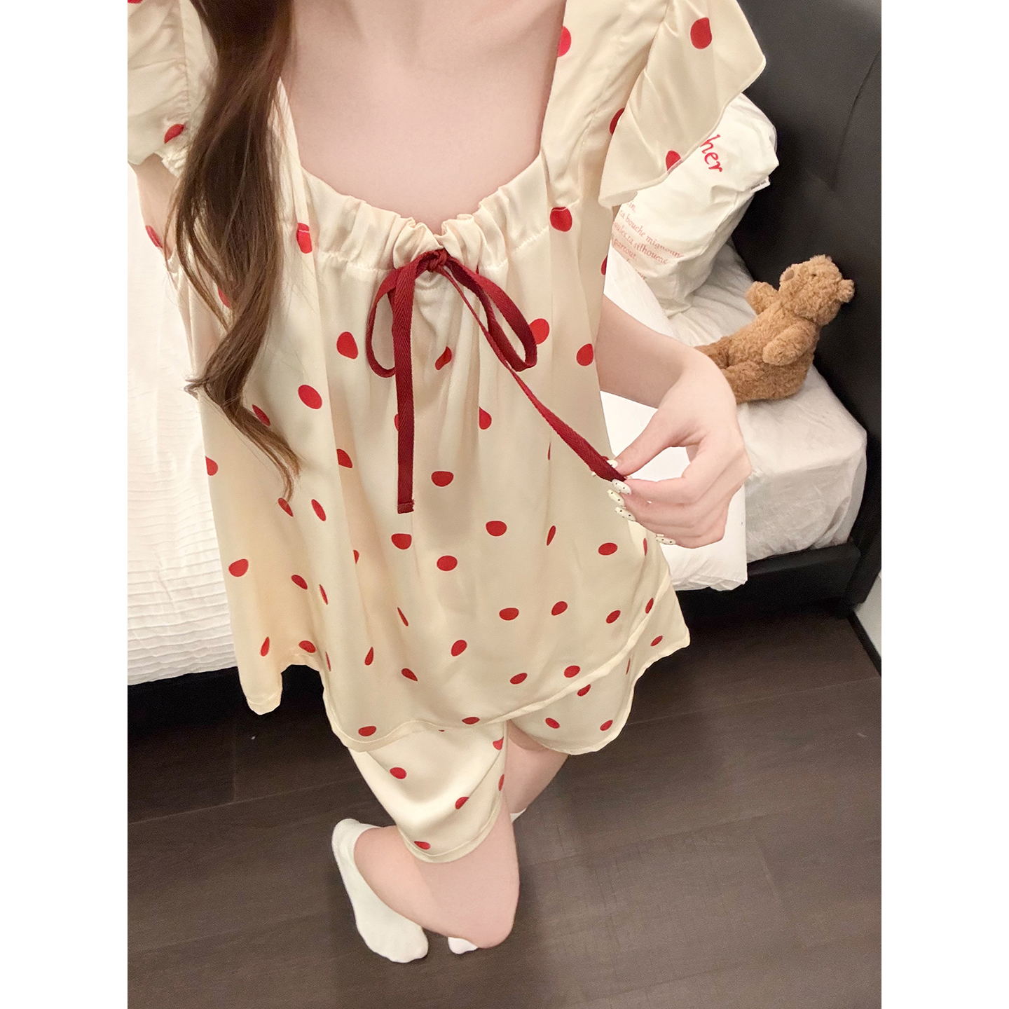 Summer Ice Silk Polka Homewear Women Short Sleeve Shorts 2 Pcs Breatha photo 4 (style 5457312)