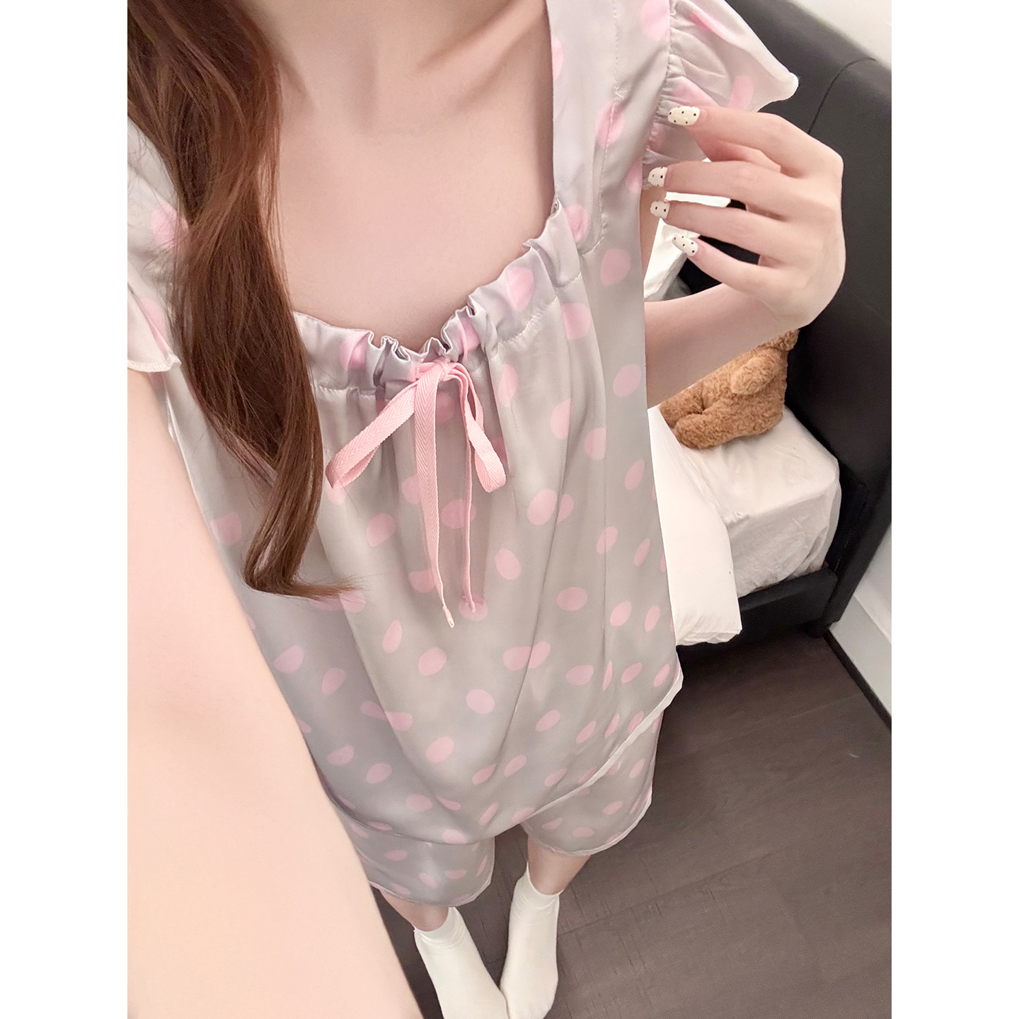 Summer Ice Silk Polka Homewear Women Short Sleeve Shorts 2 Pcs Breatha photo 4 (style 5458312)