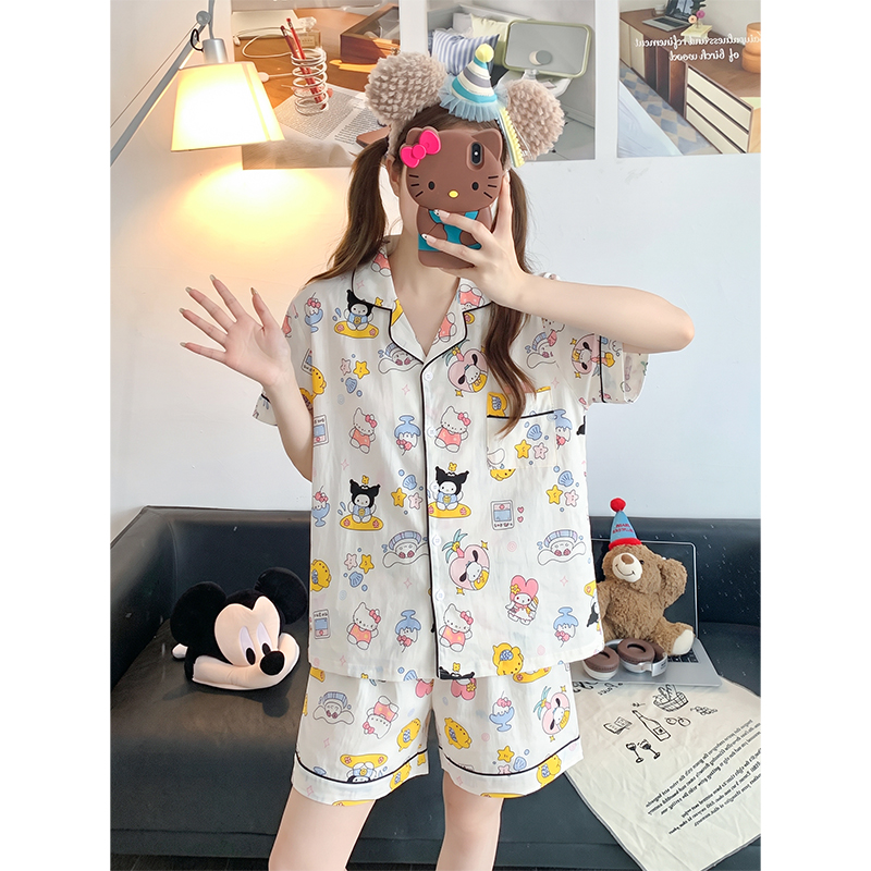 Summer Cloud Cotton Homewear Women Short Sleeve Shorts 2 Pcs Breathable Comfort Wholesale